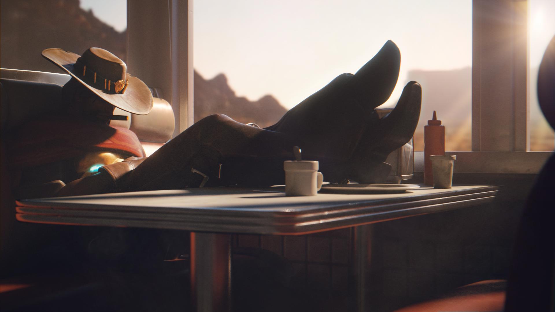 McCree from Overwatch relaxing in a diner HD Wallpaper