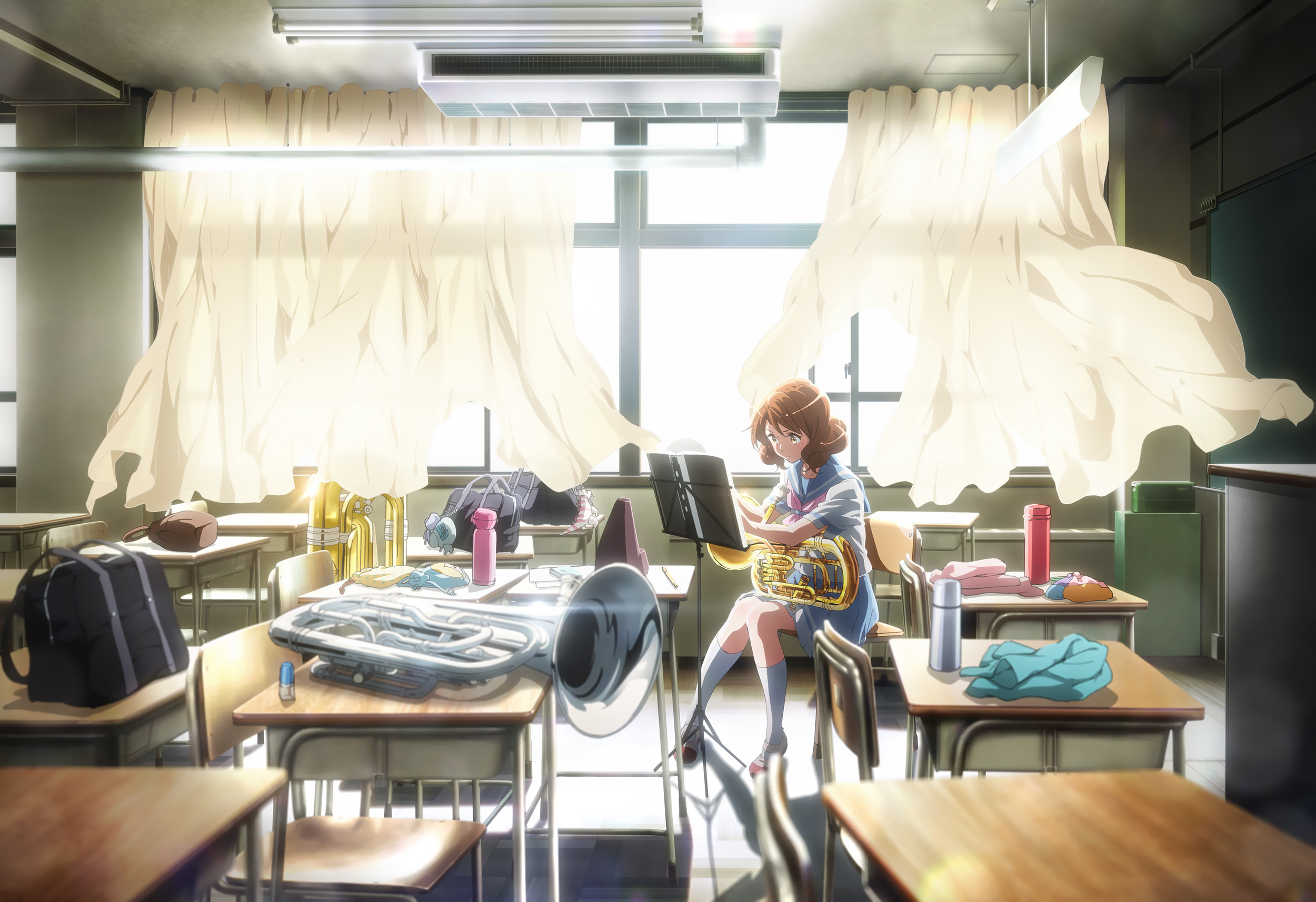 Kumiko Oumae playing a euphonium in a classroom HD Wallpaper