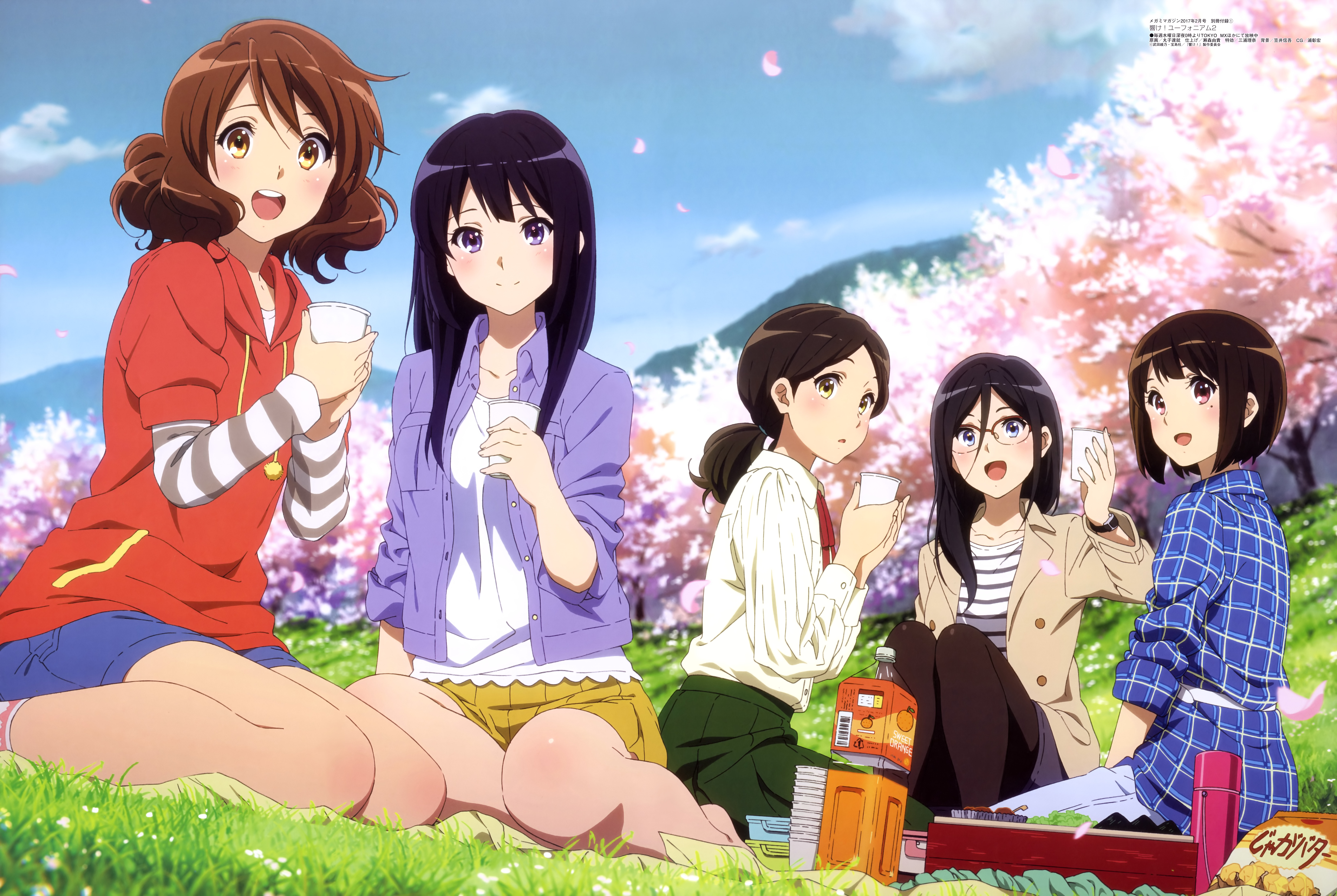 Kumiko Oumae and friends having a picnic under cherry blossoms HD Wallpaper