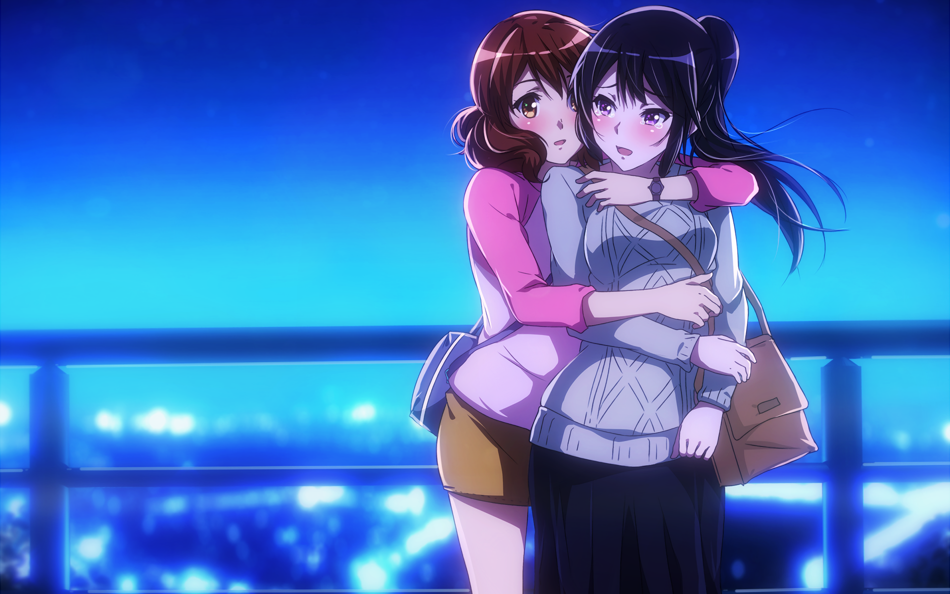 Kumiko Oumae hugging a friend at night HD Wallpaper