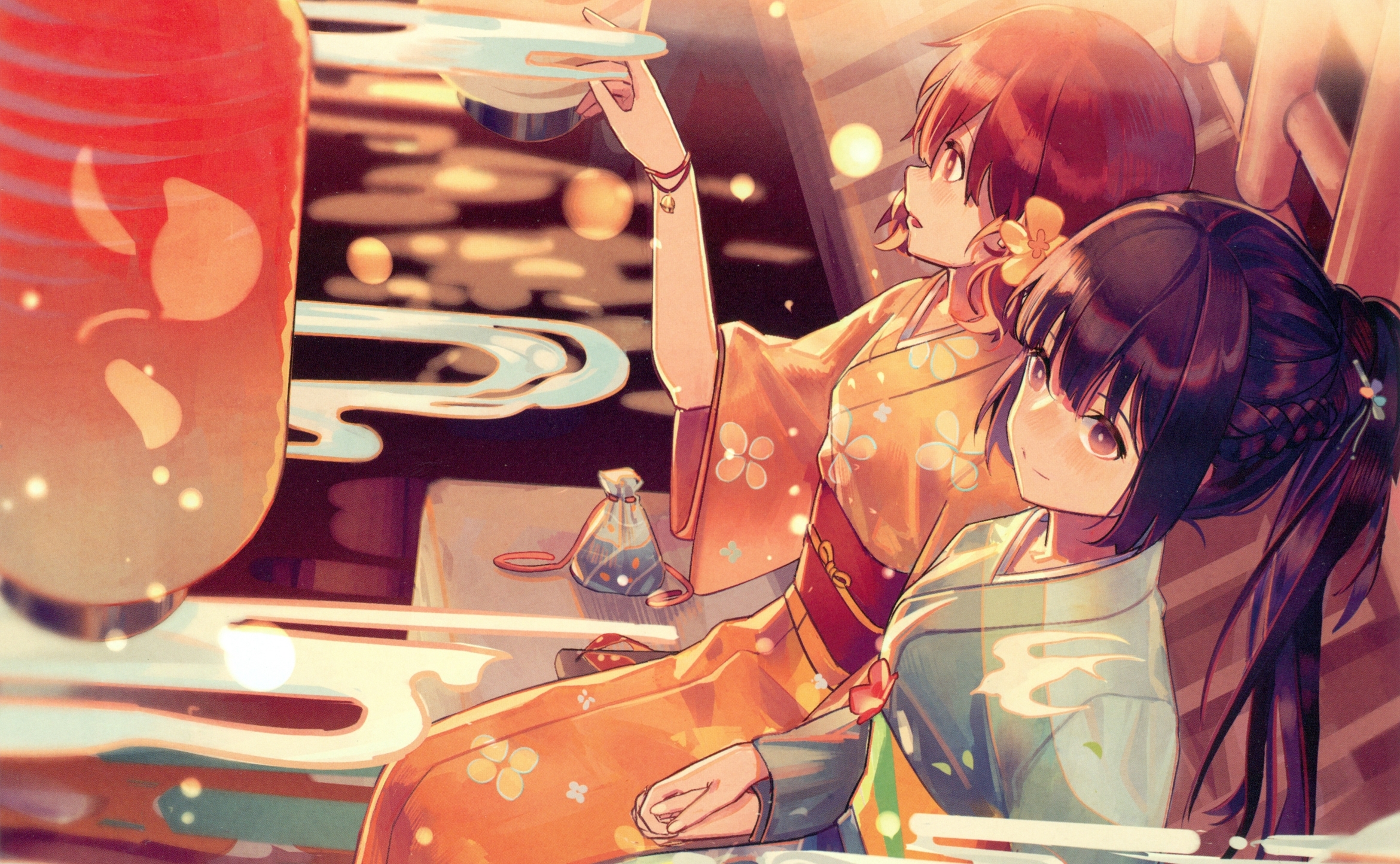 Two girls in kimonos at a festival HD Wallpaper