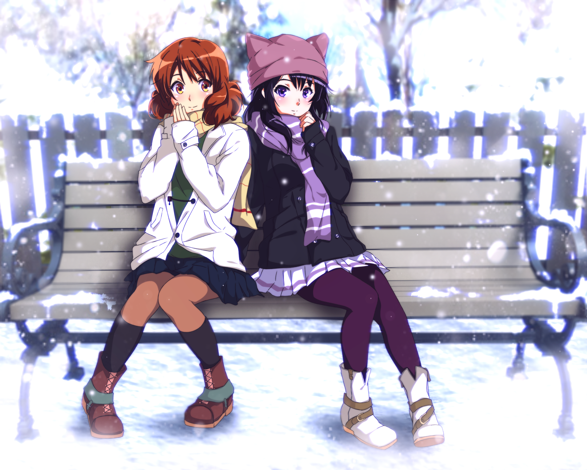 Kumiko Oumae and friend in winter park HD Wallpaper