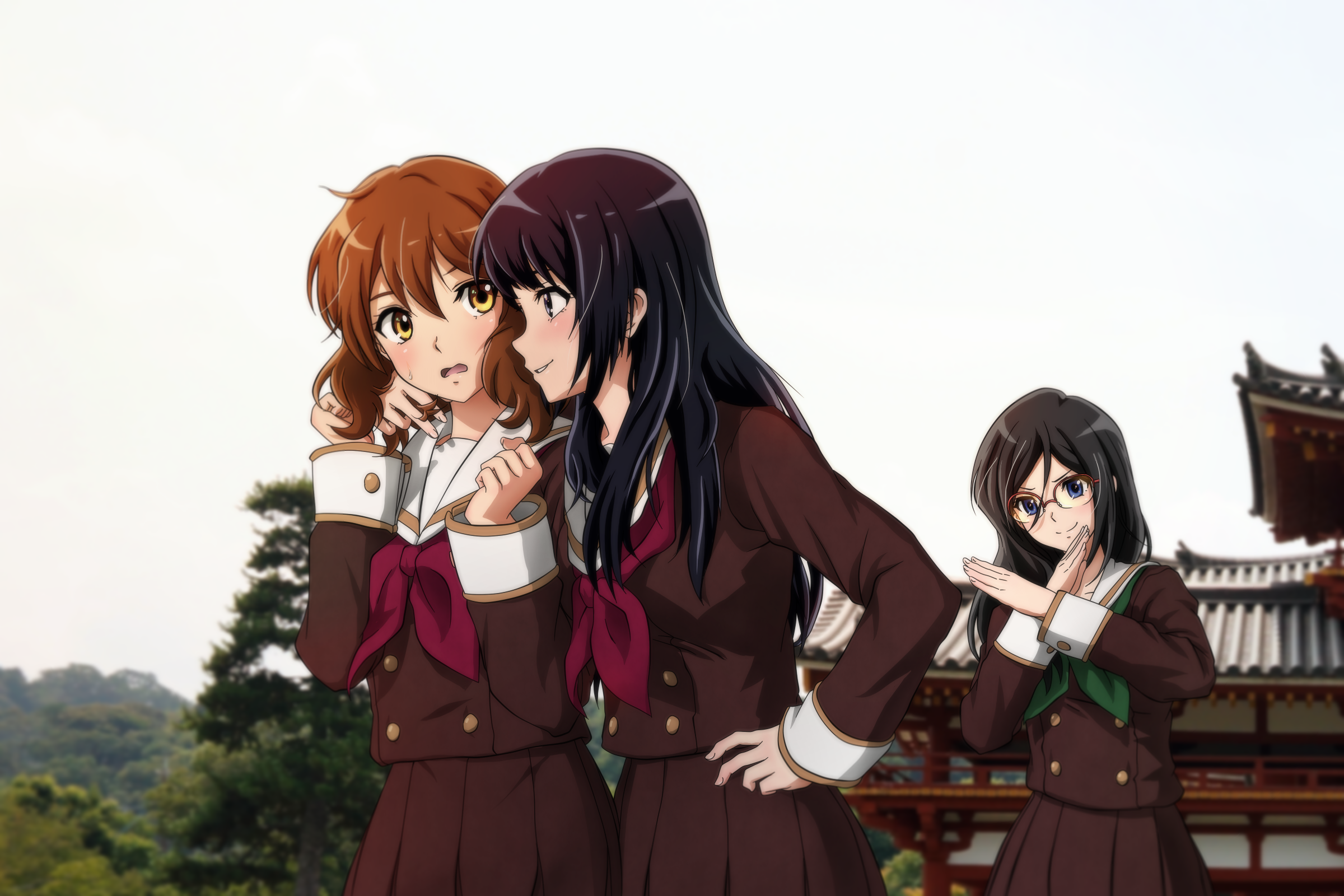 Kumiko Oumae and friends at a temple HD Wallpaper