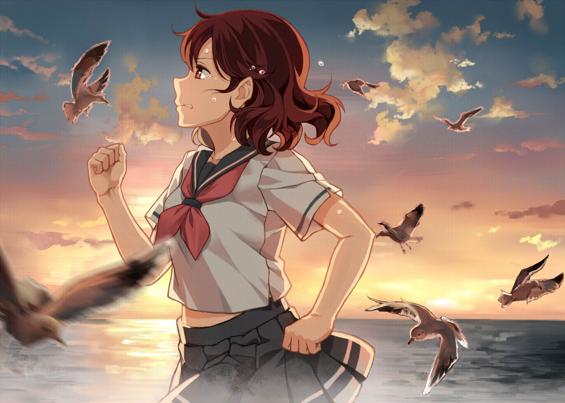 Kumiko Oumae running by the sea at sunset HD Wallpaper
