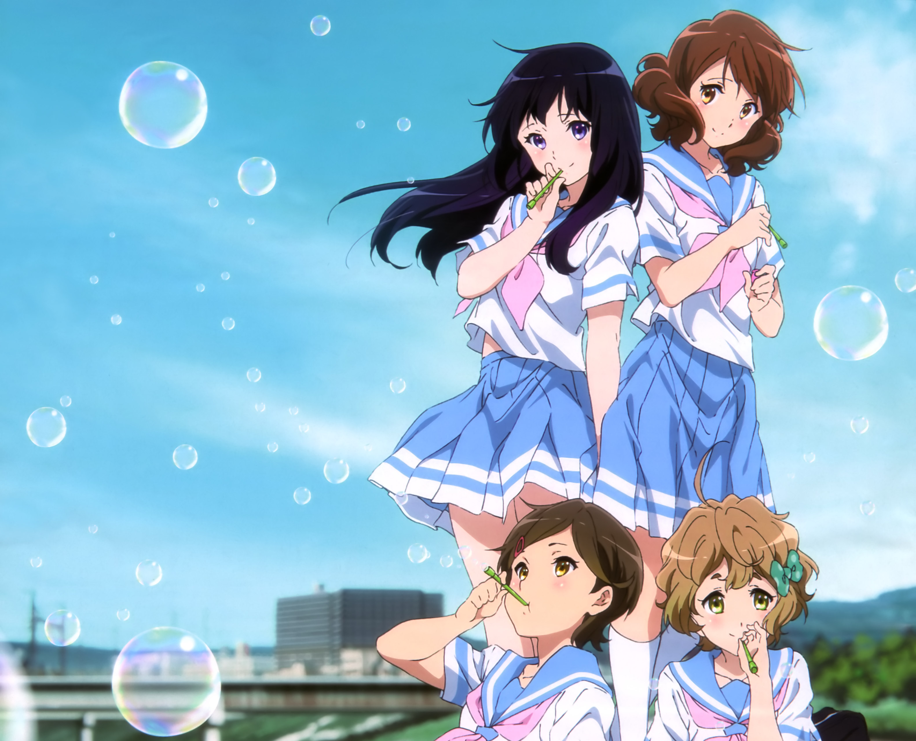 Kumiko Oumae and friends blowing bubbles HD Wallpaper