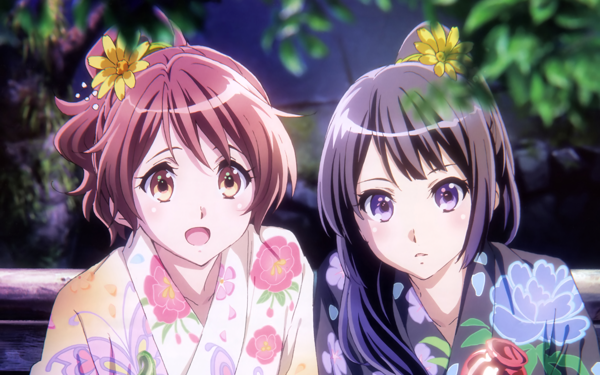 Kumiko Oumae in Floral Yukatas with Yellow Flowers HD Wallpaper