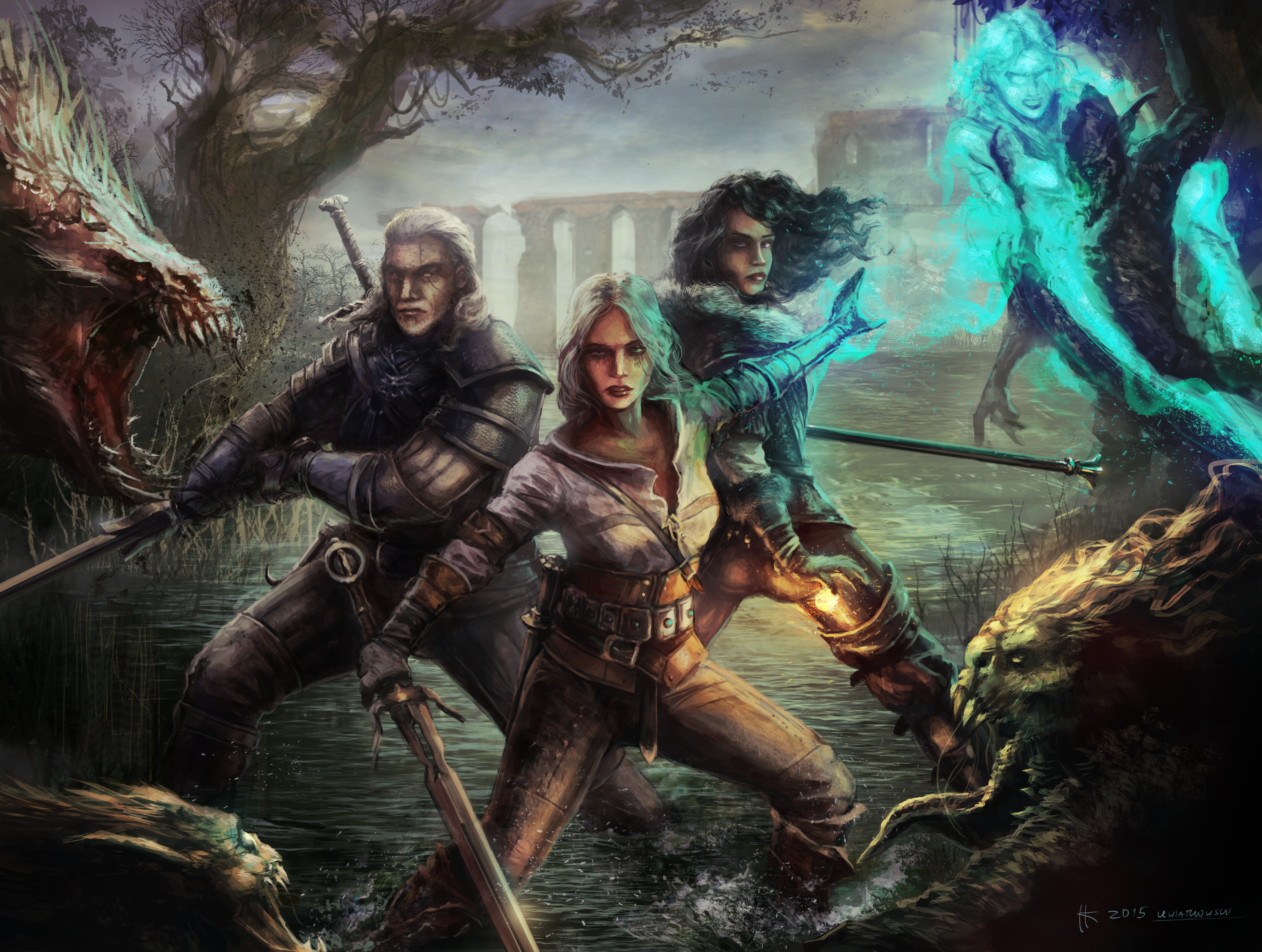 Geralt, Ciri, and Yennefer from The Witcher fighting monsters HD Wallpaper