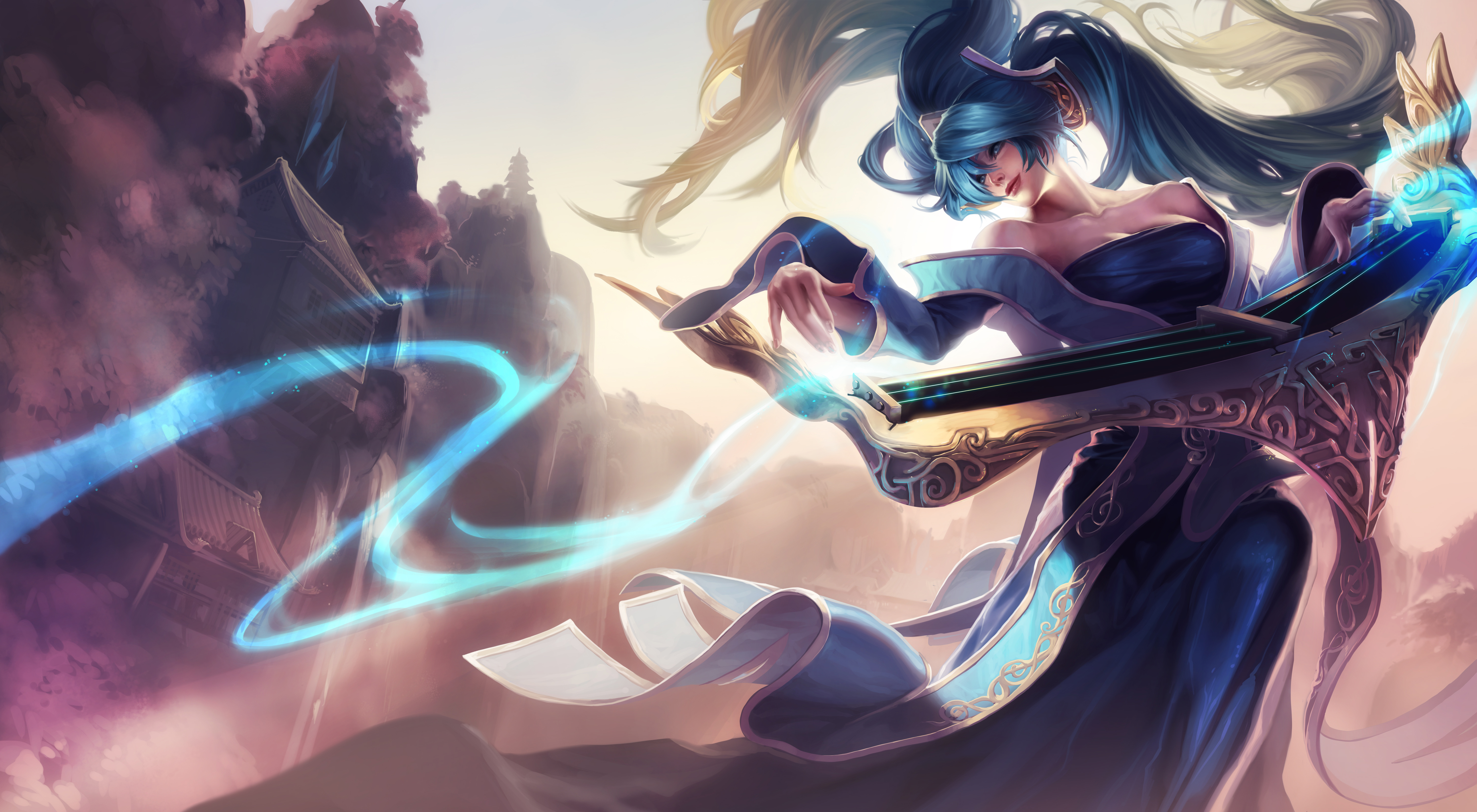 Sona from League of Legends playing a stringed instrument HD Wallpaper