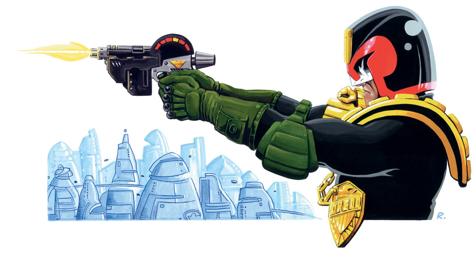 Judge Dredd firing his Lawgiver in Mega-City One HD Wallpaper