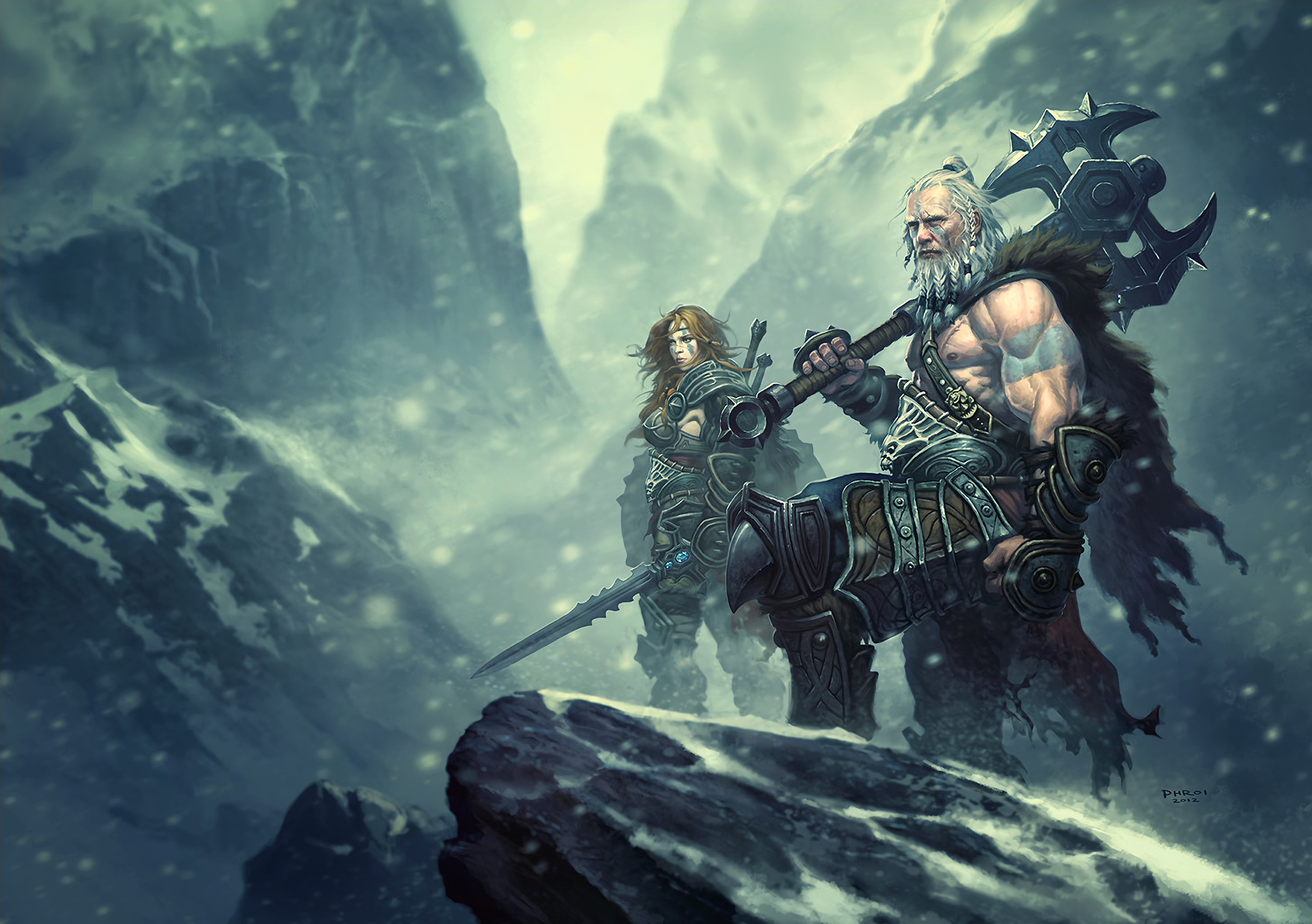 Barbarian from Diablo III in snowy mountains HD Wallpaper