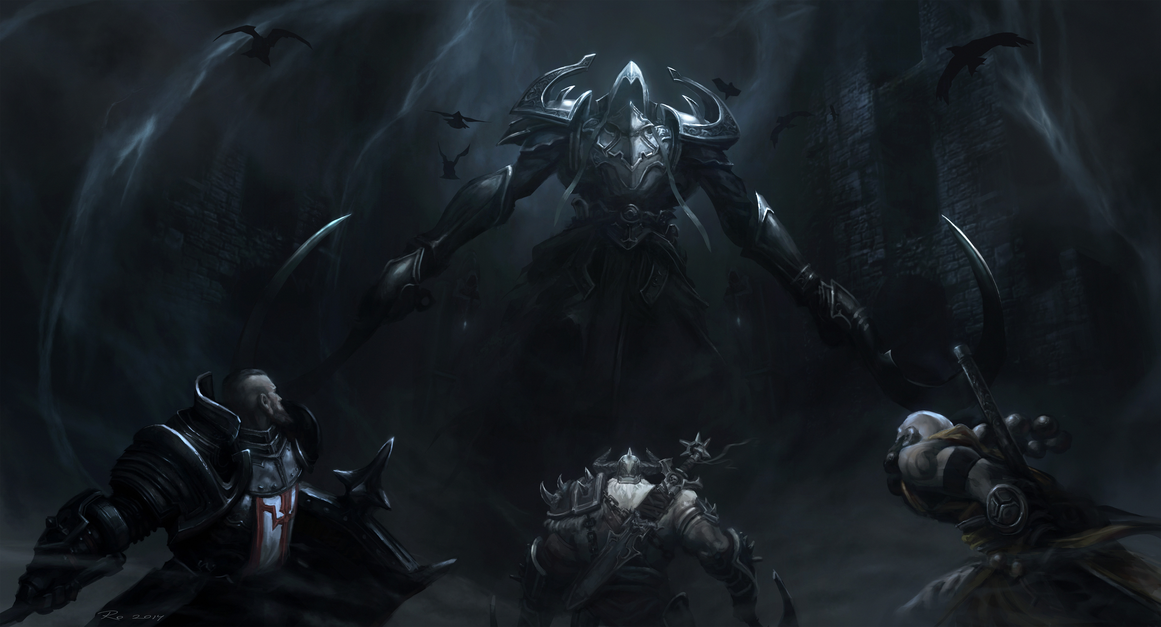 Diablo III Barbarian facing a shadowy demon HD Wallpaper