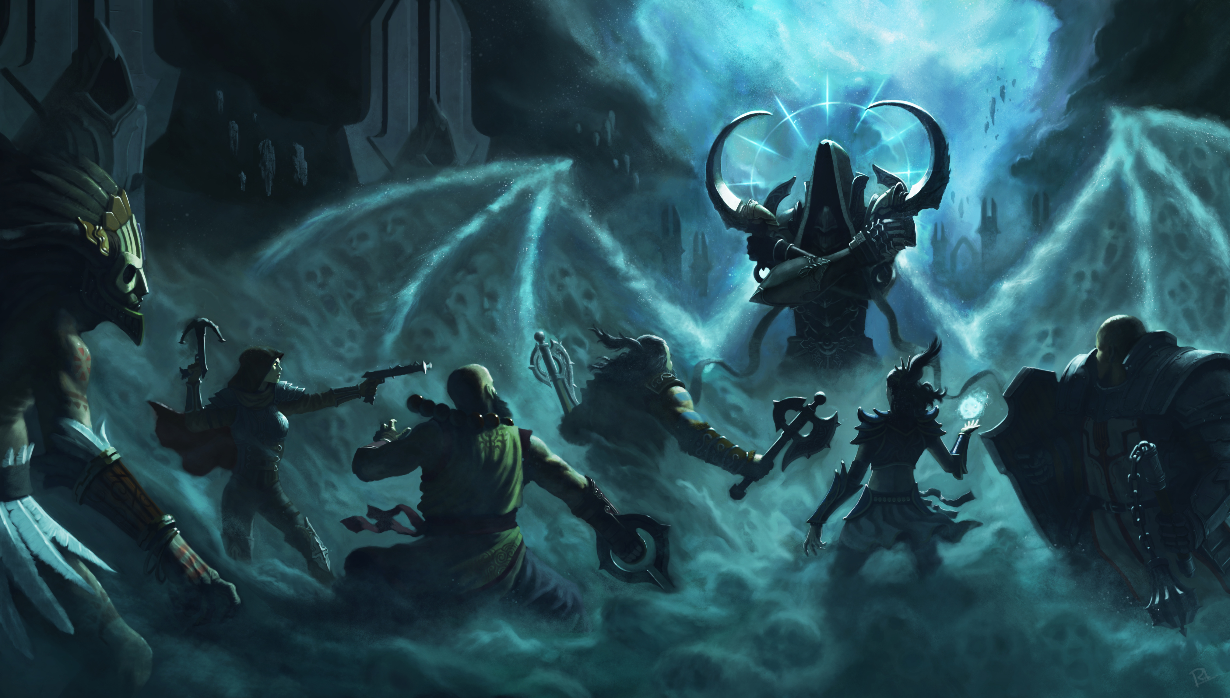 Diablo III Barbarian and allies facing a dark entity HD Wallpaper