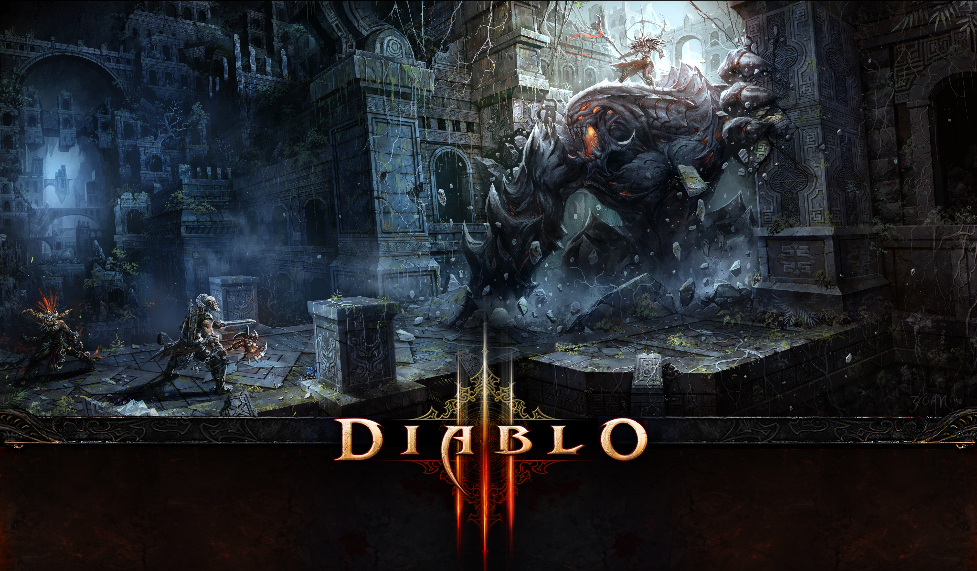 Barbarian from Diablo III fighting a monster HD Wallpaper