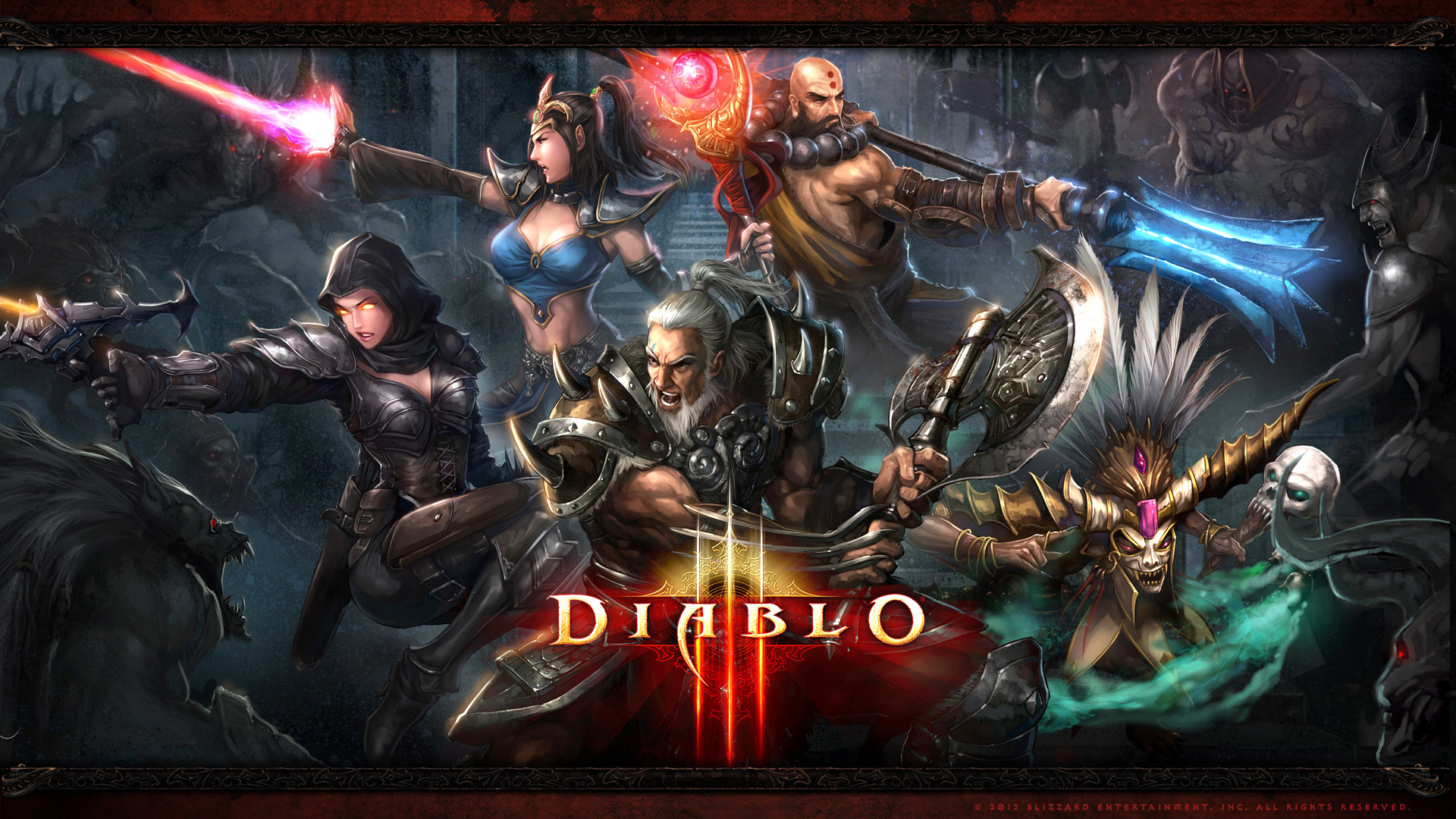 Diablo III characters fighting monsters HD Wallpaper
