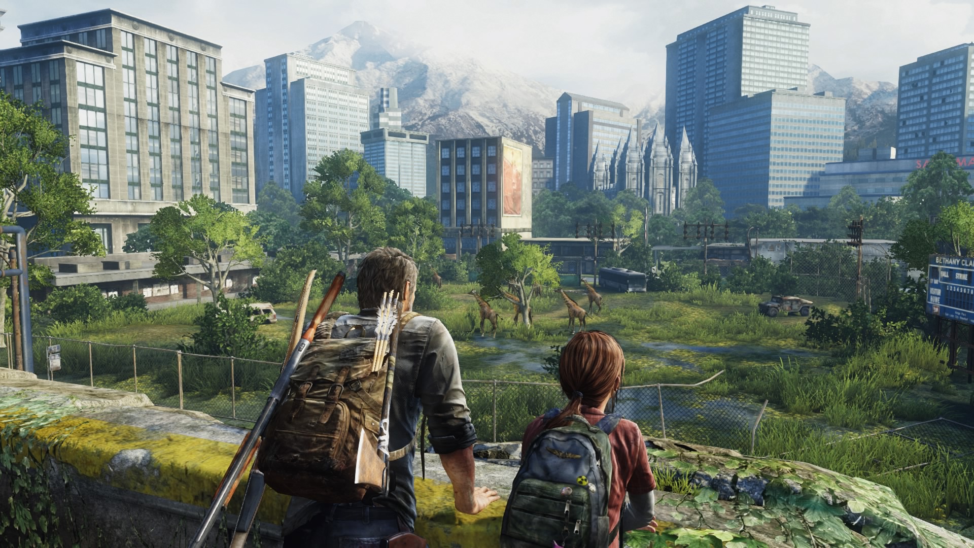 Ellie and Joel from The Last of Us in a city HD Wallpaper