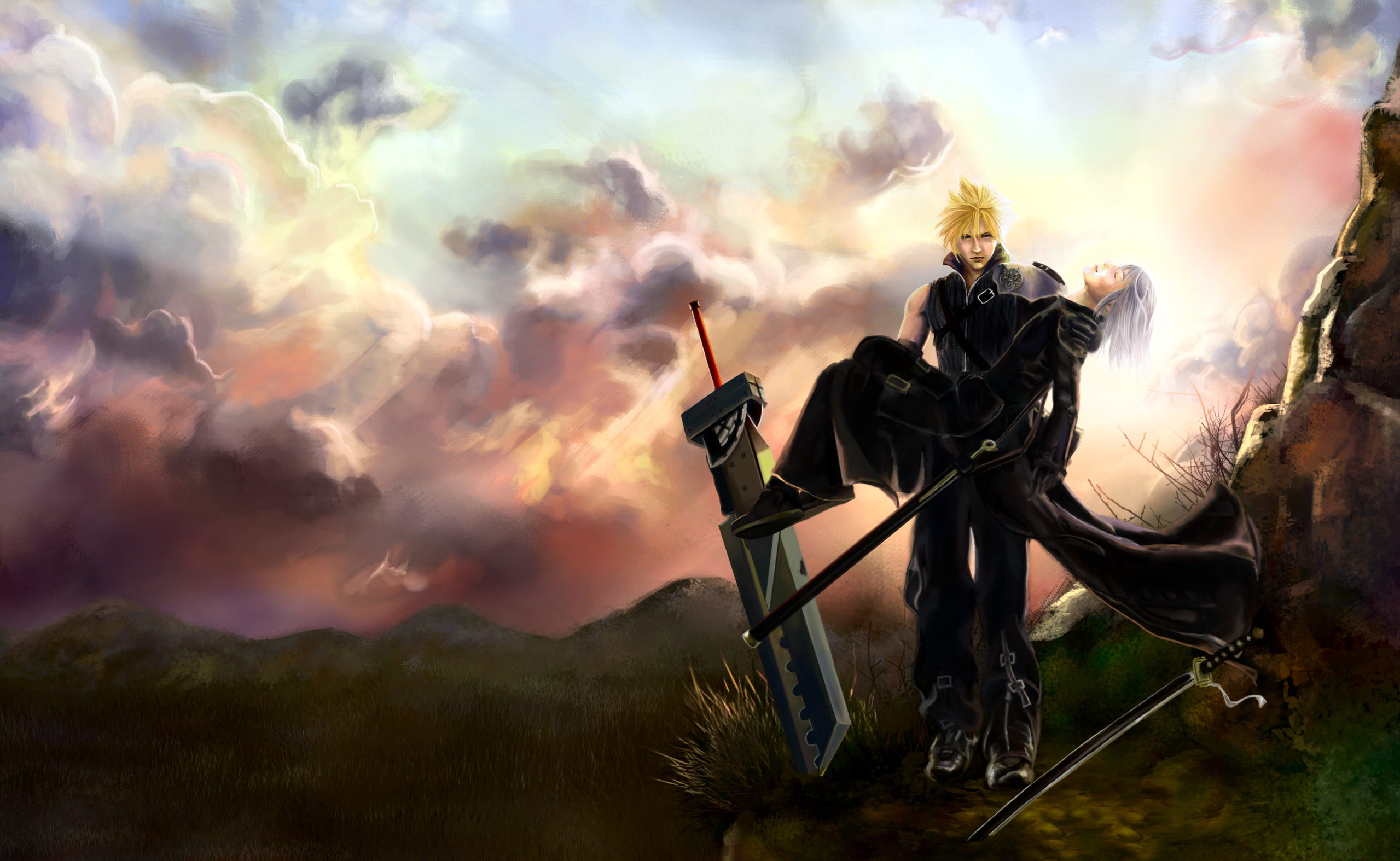 Cloud Strife carrying Aerith Gainsborough HD Wallpaper