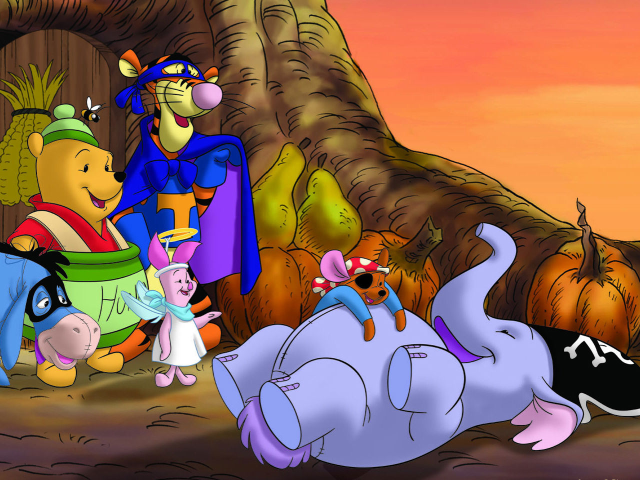 Winnie the Pooh characters in costumes with pumpkins HD Wallpaper