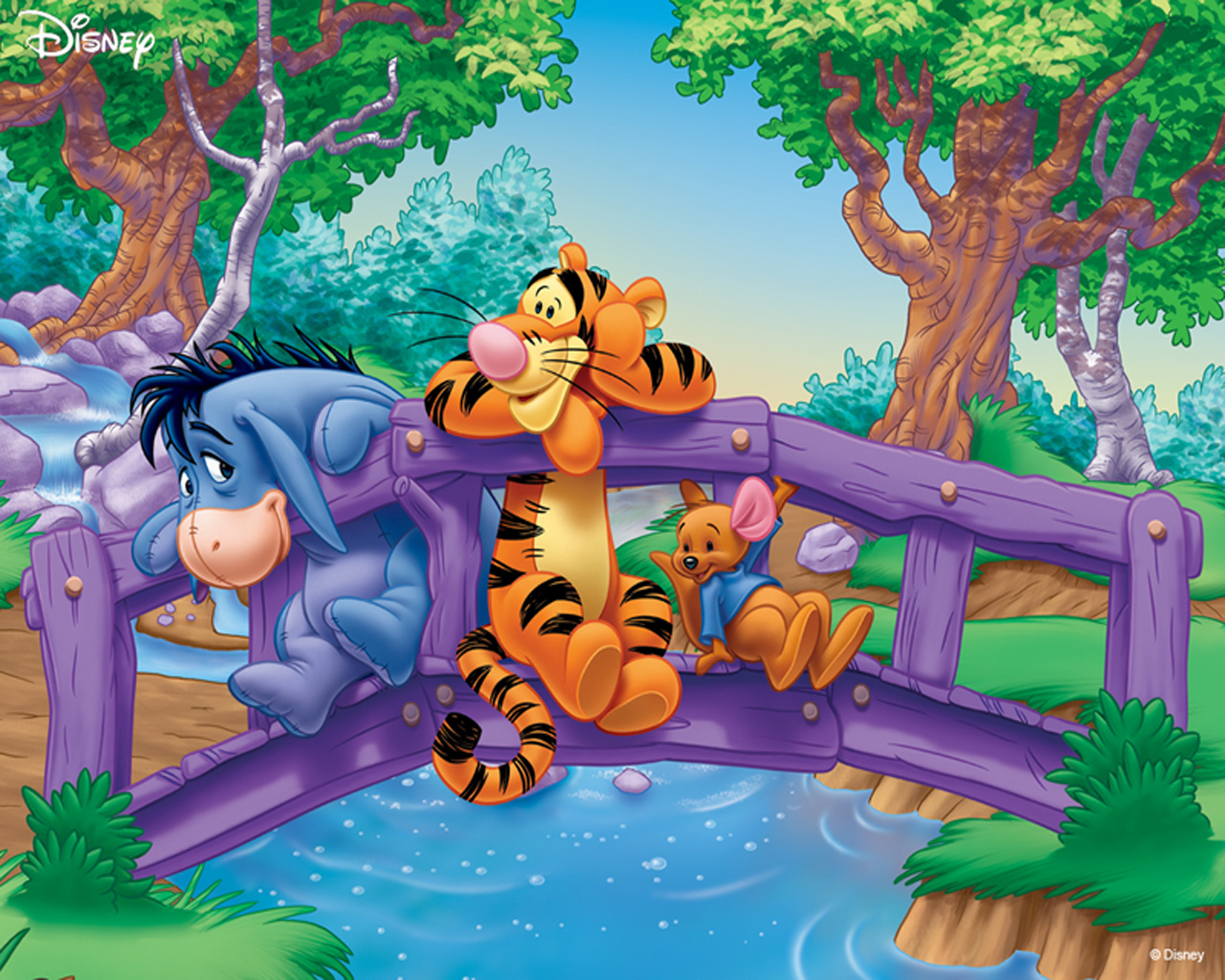 Winnie the Pooh characters on a bridge HD Wallpaper