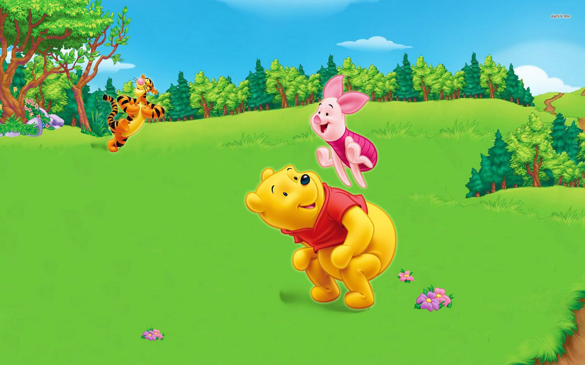 Winnie the Pooh, Tigger, and Piglet in a field HD Wallpaper