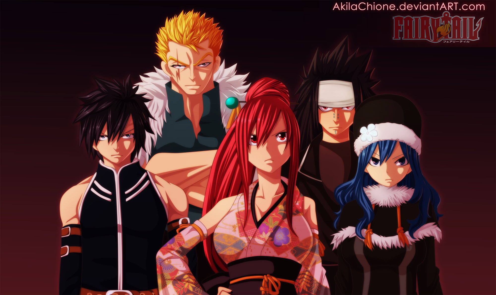 Fairy Tail characters Gray, Laxus, Erza, Gajeel, and Juvia HD Wallpaper