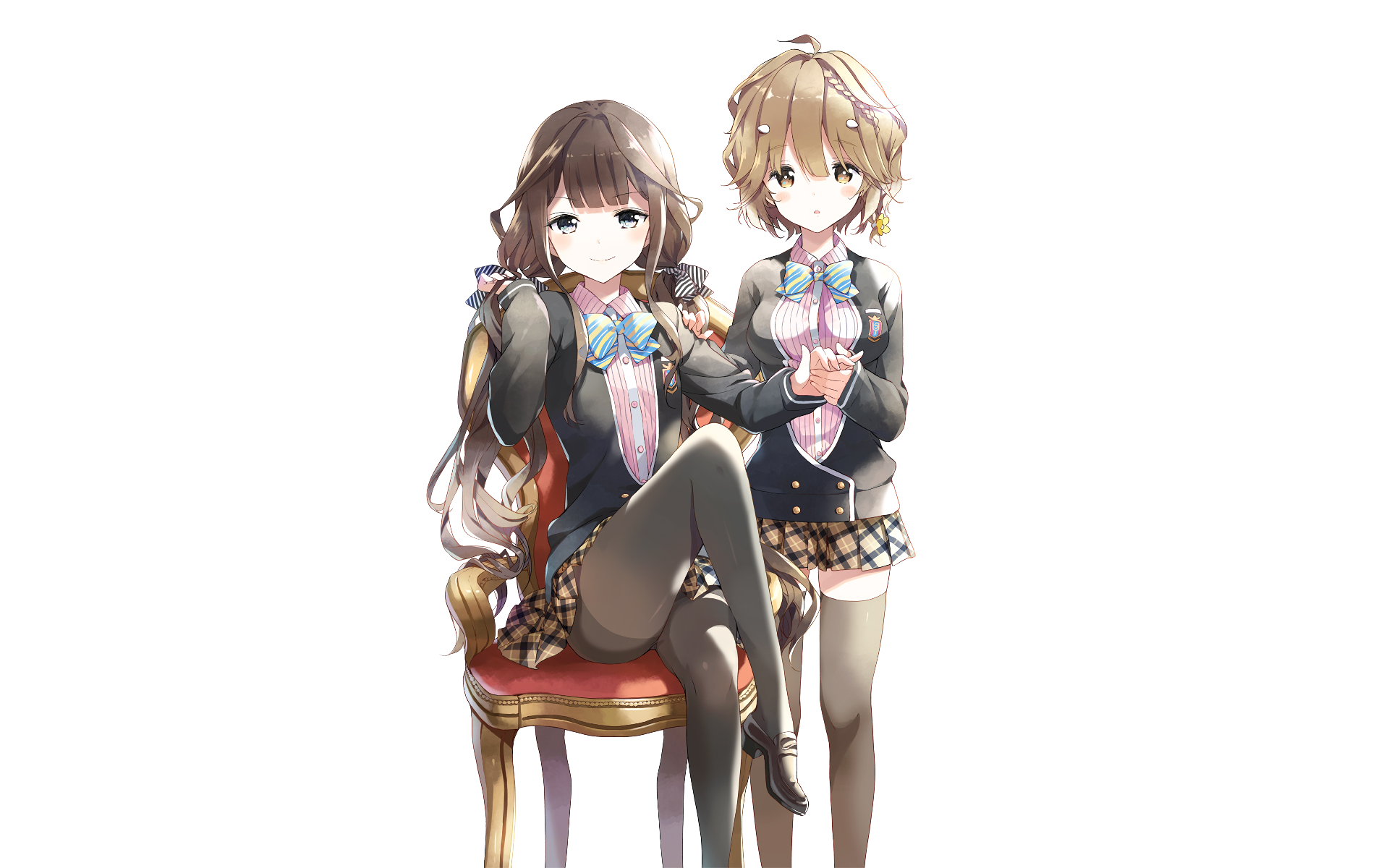 Aki Adagaki sitting on a chair and another girl standing HD Wallpaper
