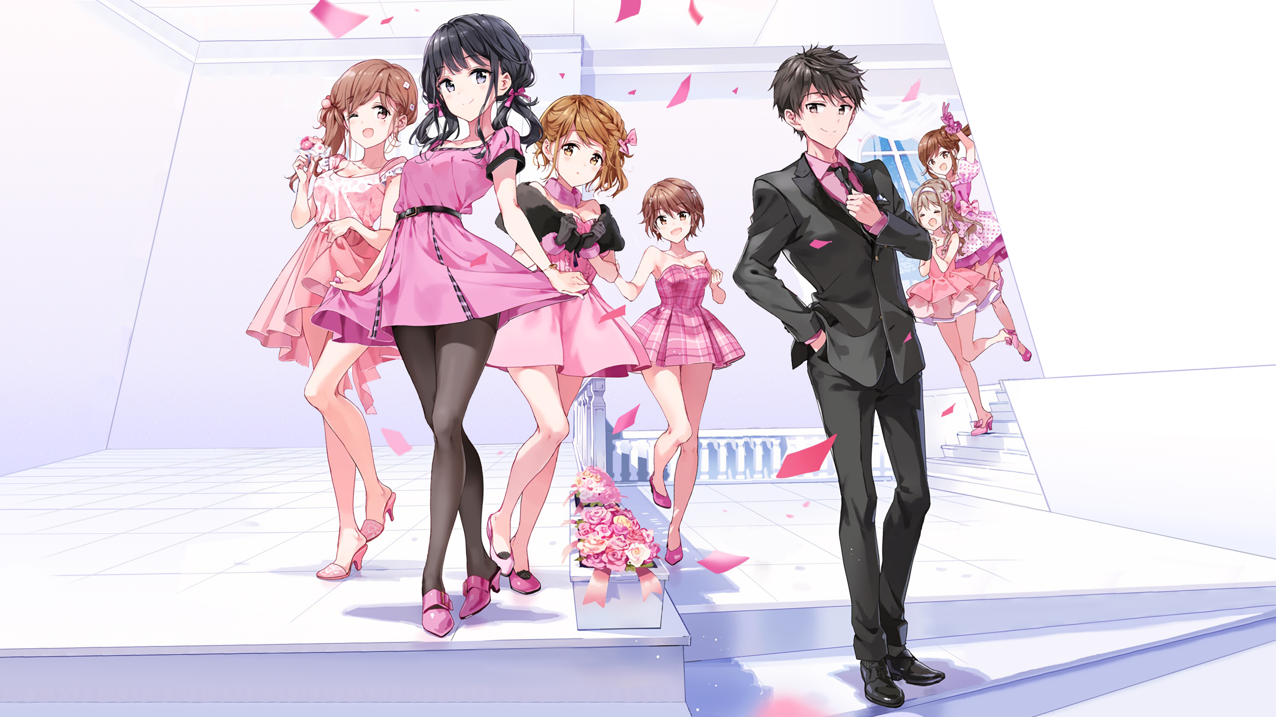Aki Adagaki and friends in pink dresses HD Wallpaper