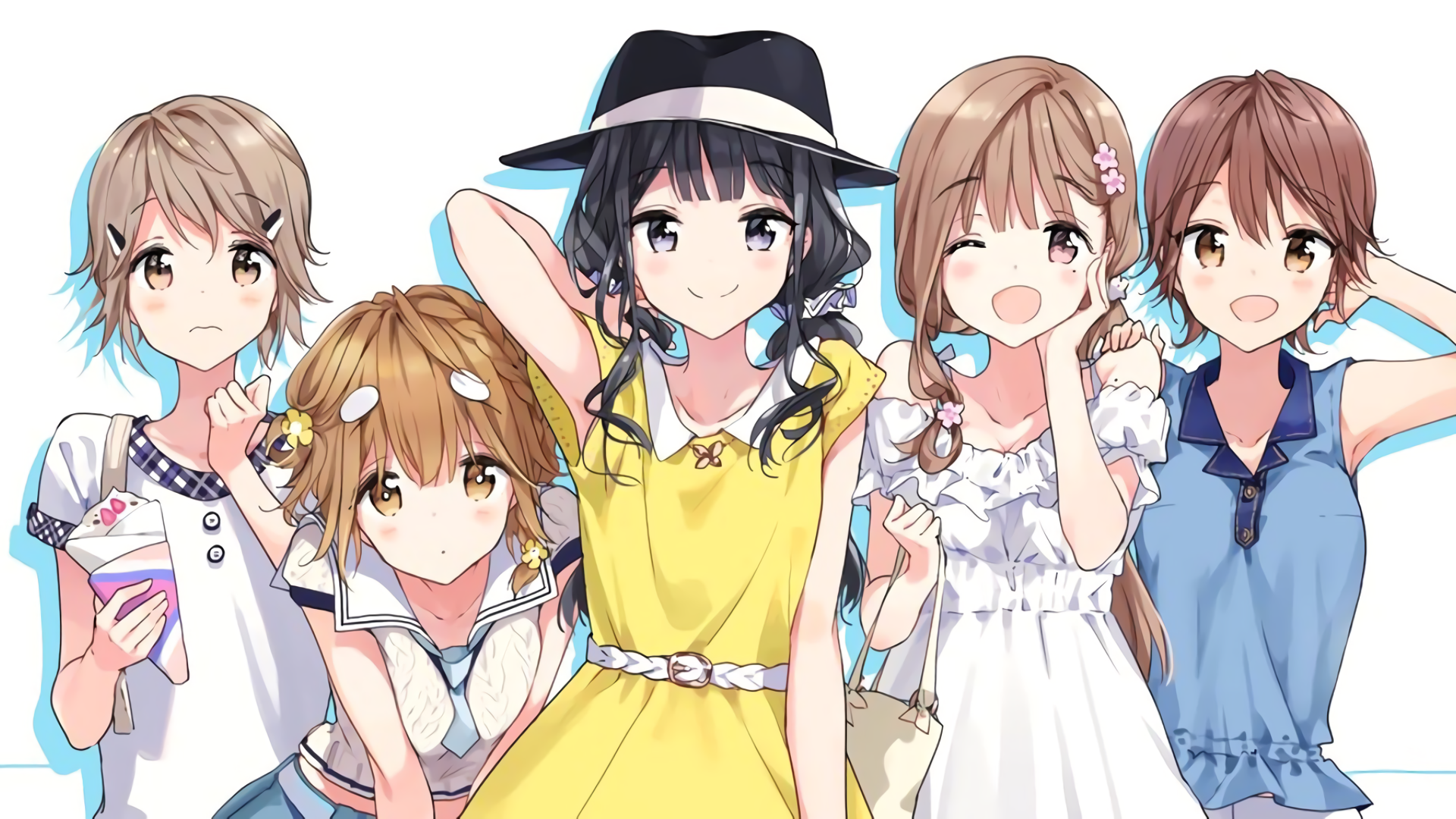 Five anime girls in summer outfits HD Wallpaper