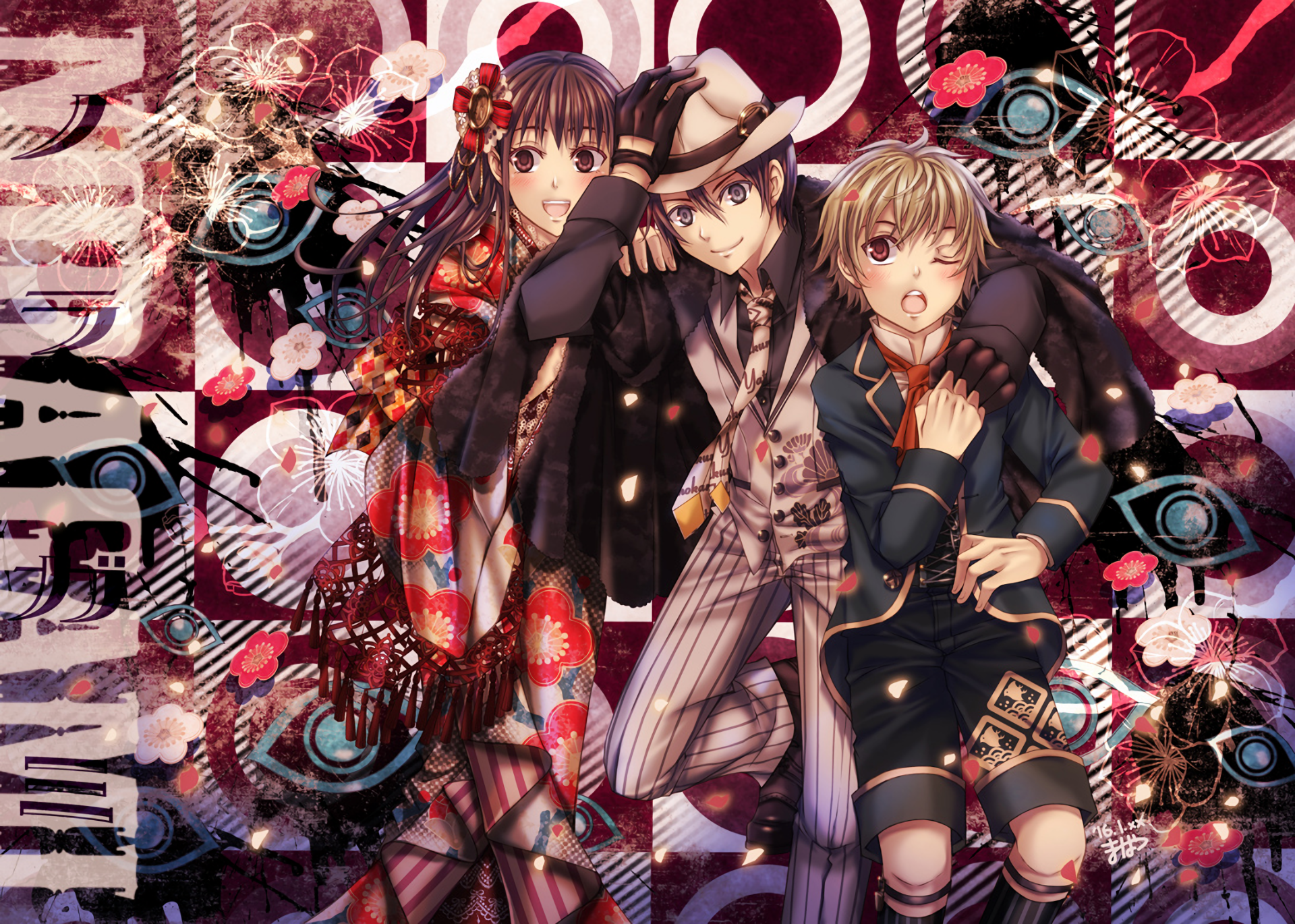 Three anime characters in traditional and formal wear HD Wallpaper
