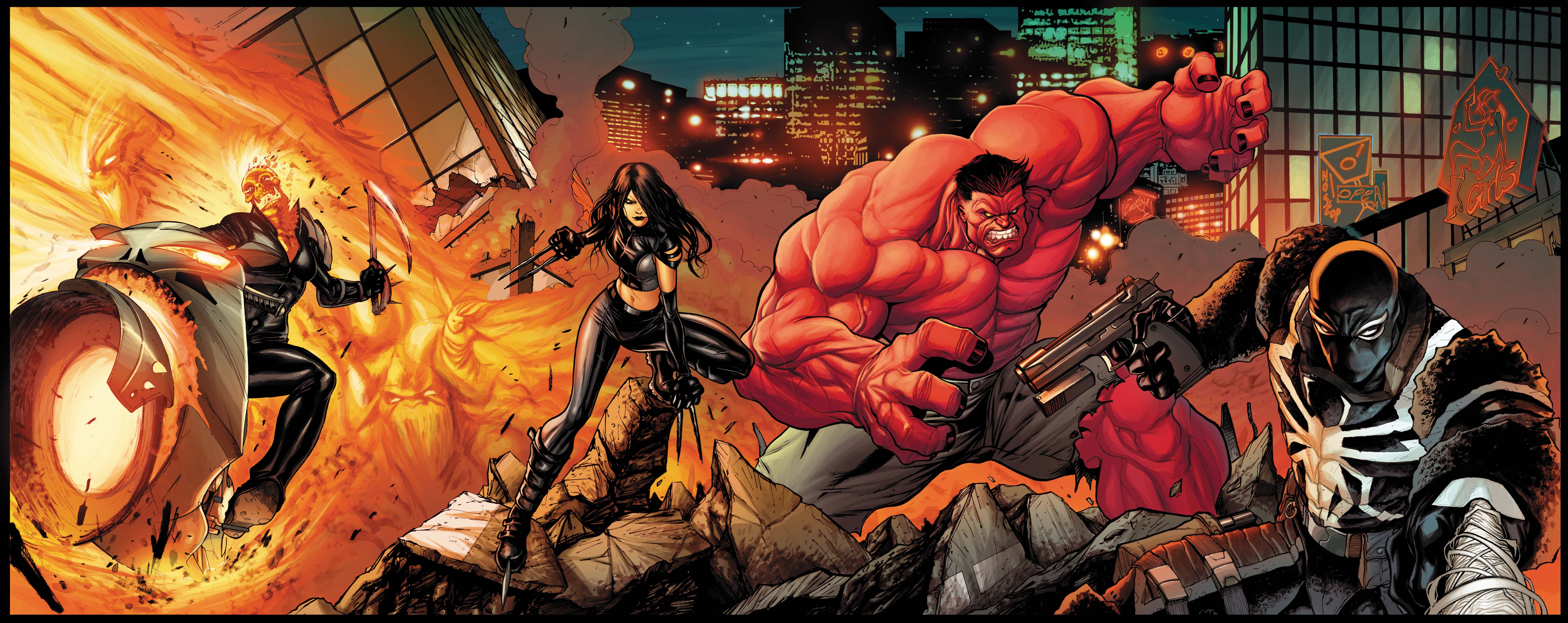 Ghost Rider, X-23, Red Hulk, and Venom in a City HD Wallpaper