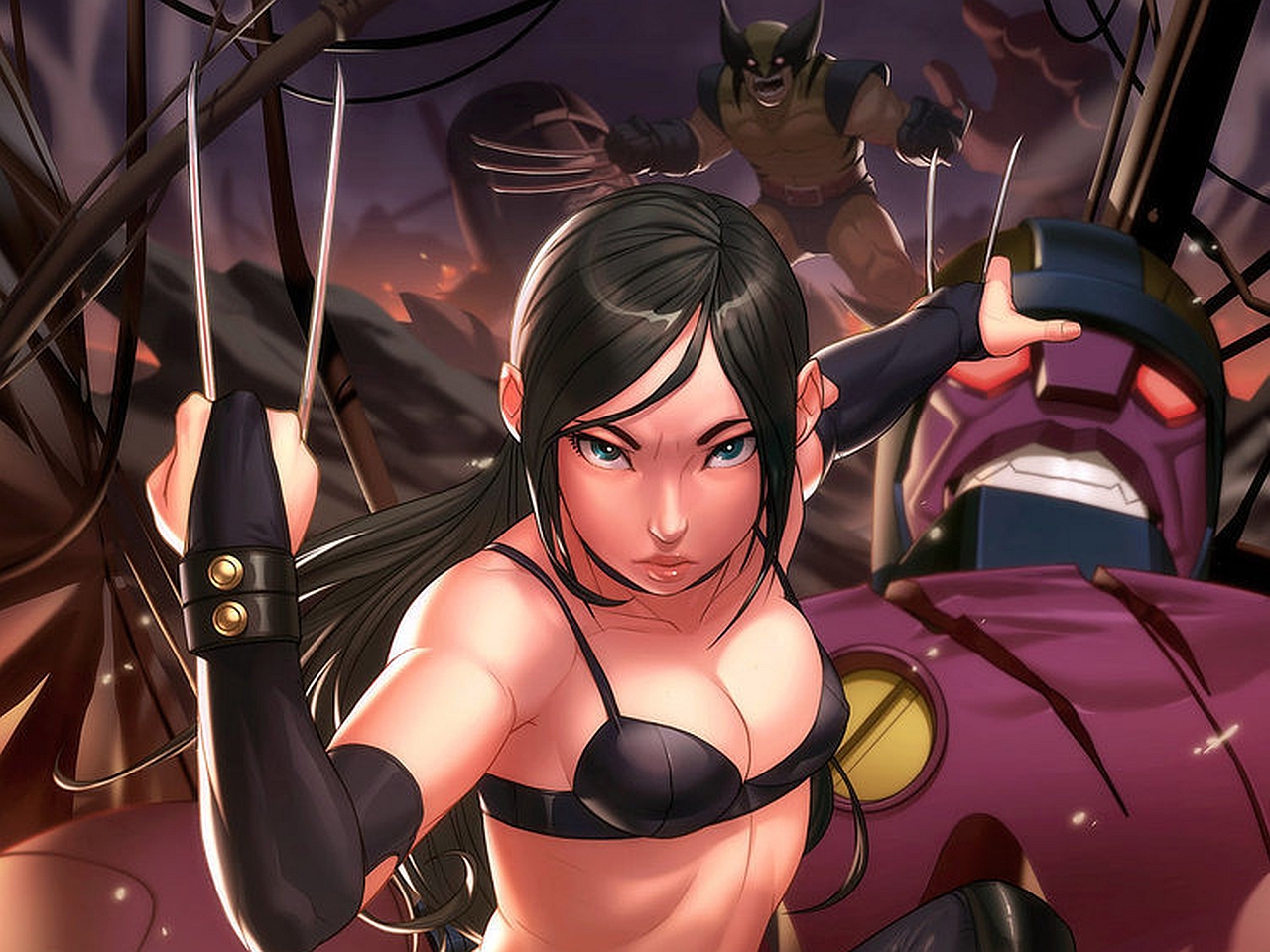 X-23 and Wolverine fighting a Sentinel HD Wallpaper