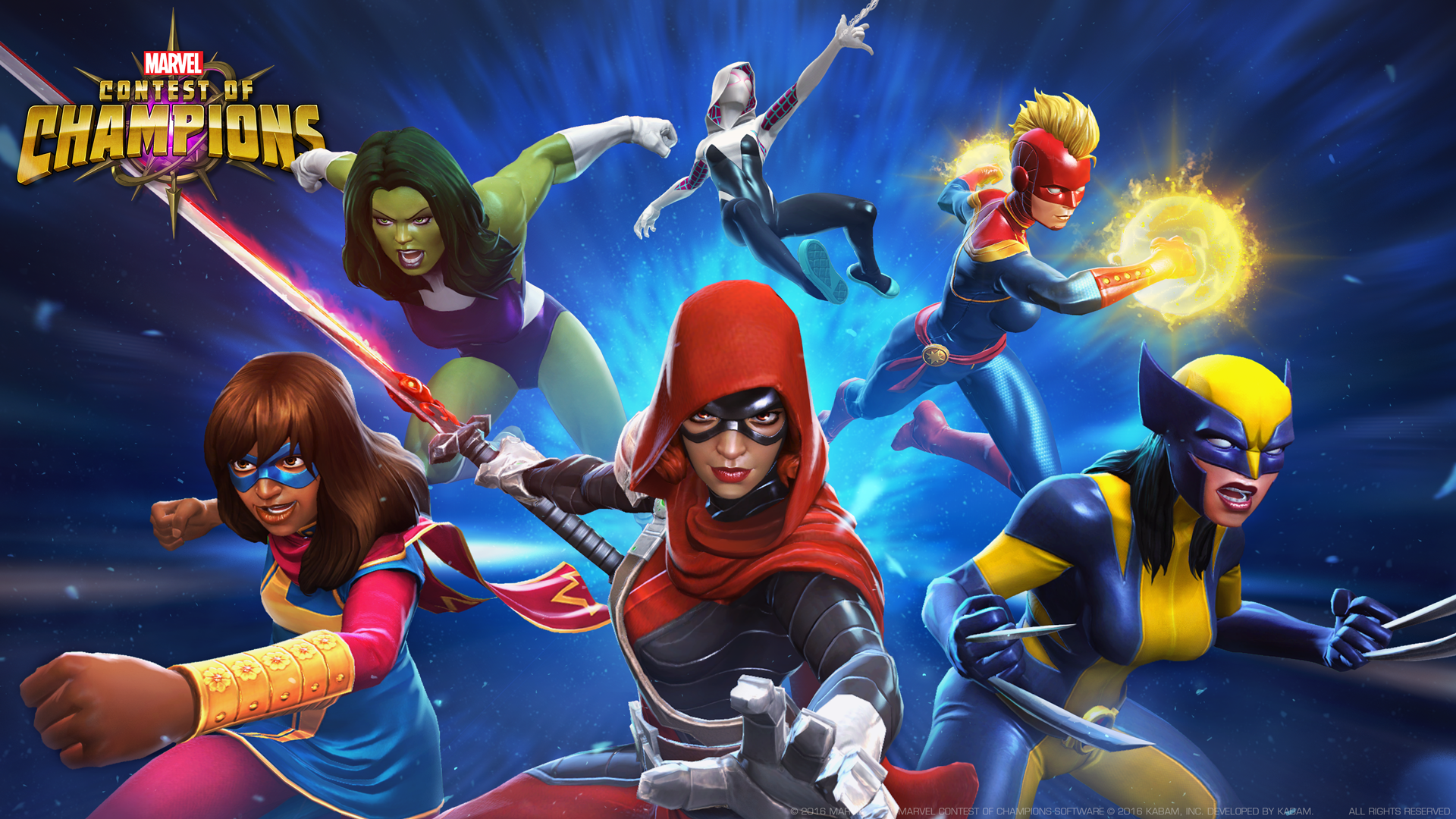 Marvel Contest of Champions: She-Hulk, Ghost-Spider, Captain Marvel, Wolverine, Ms. Marvel, and Elektra HD Wallpaper