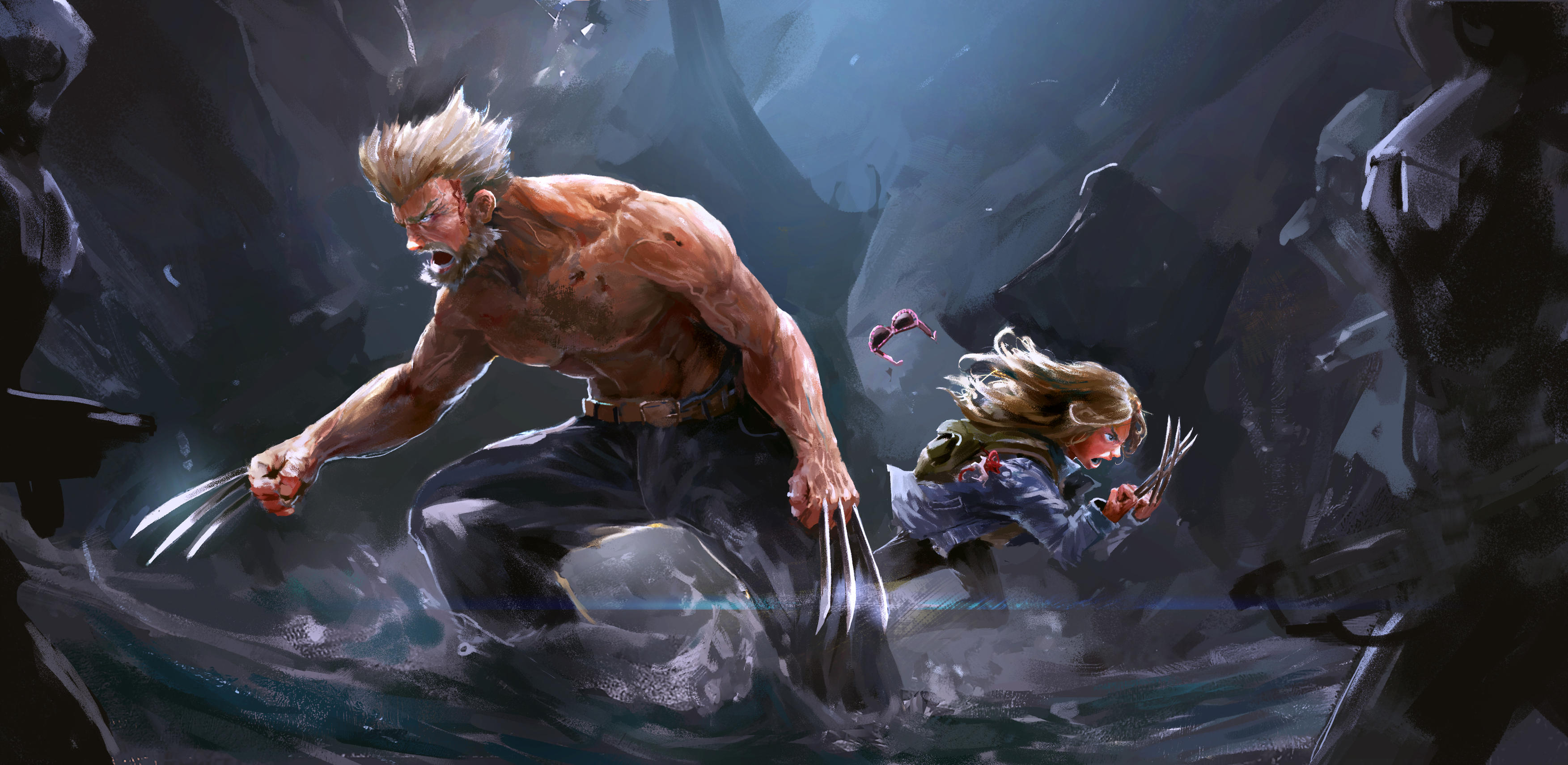 Wolverine and X-23 fighting in a rocky area HD Wallpaper