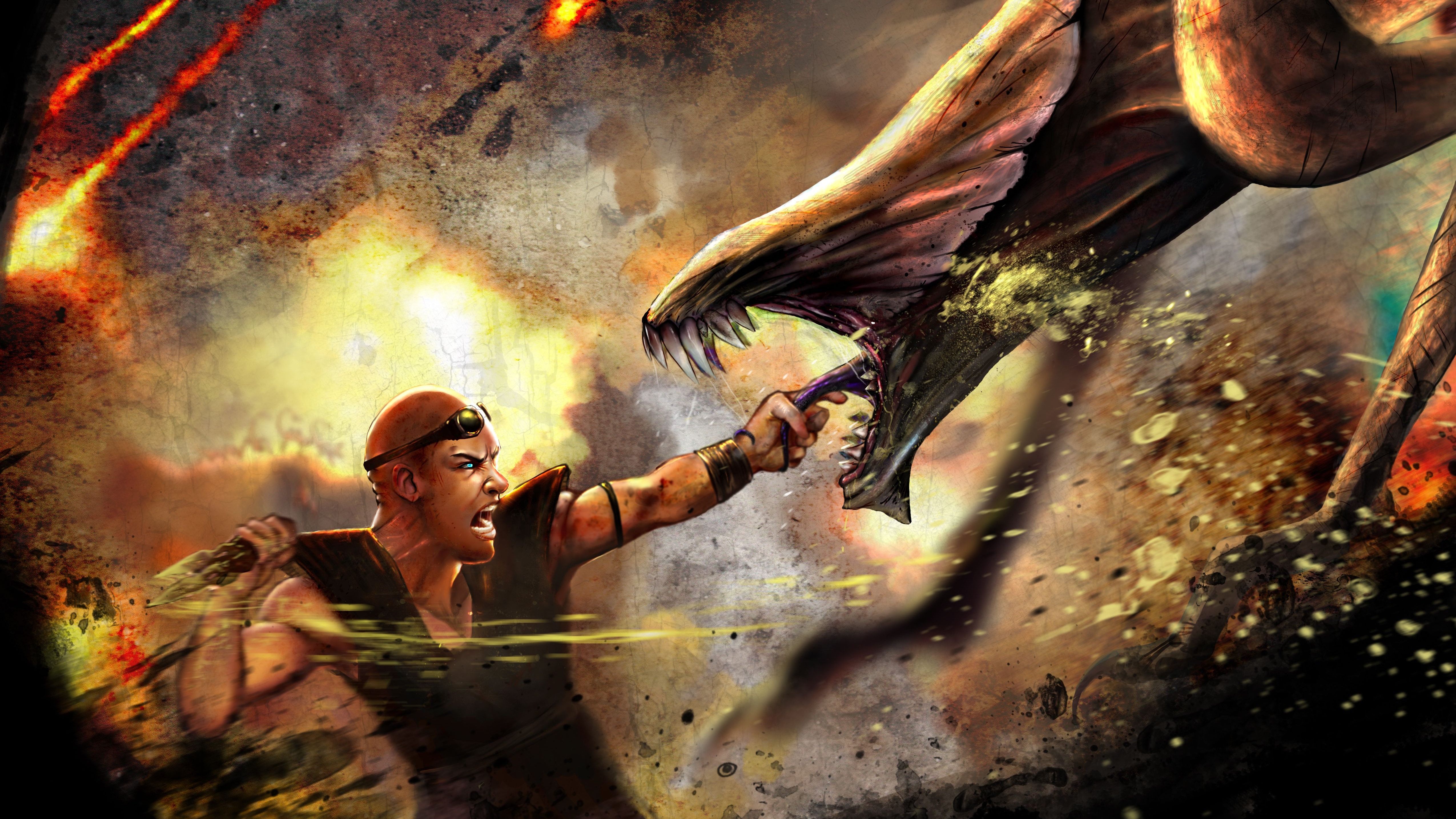 Riddick fighting a creature HD Wallpaper