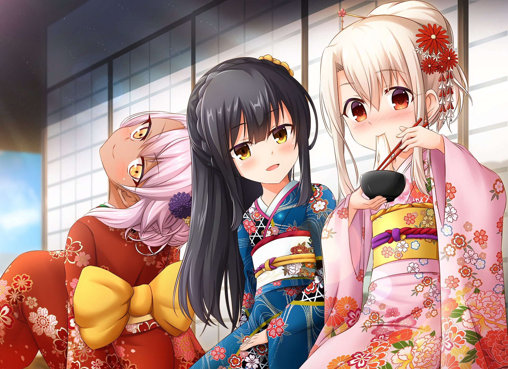 Illyasviel von Einzbern and friends in kimonos HD Wallpaper