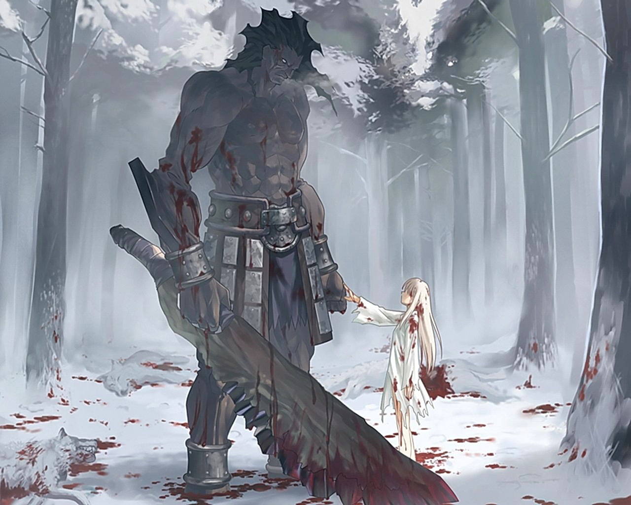 Illyasviel von Einzbern with a giant in a snowy forest HD Wallpaper
