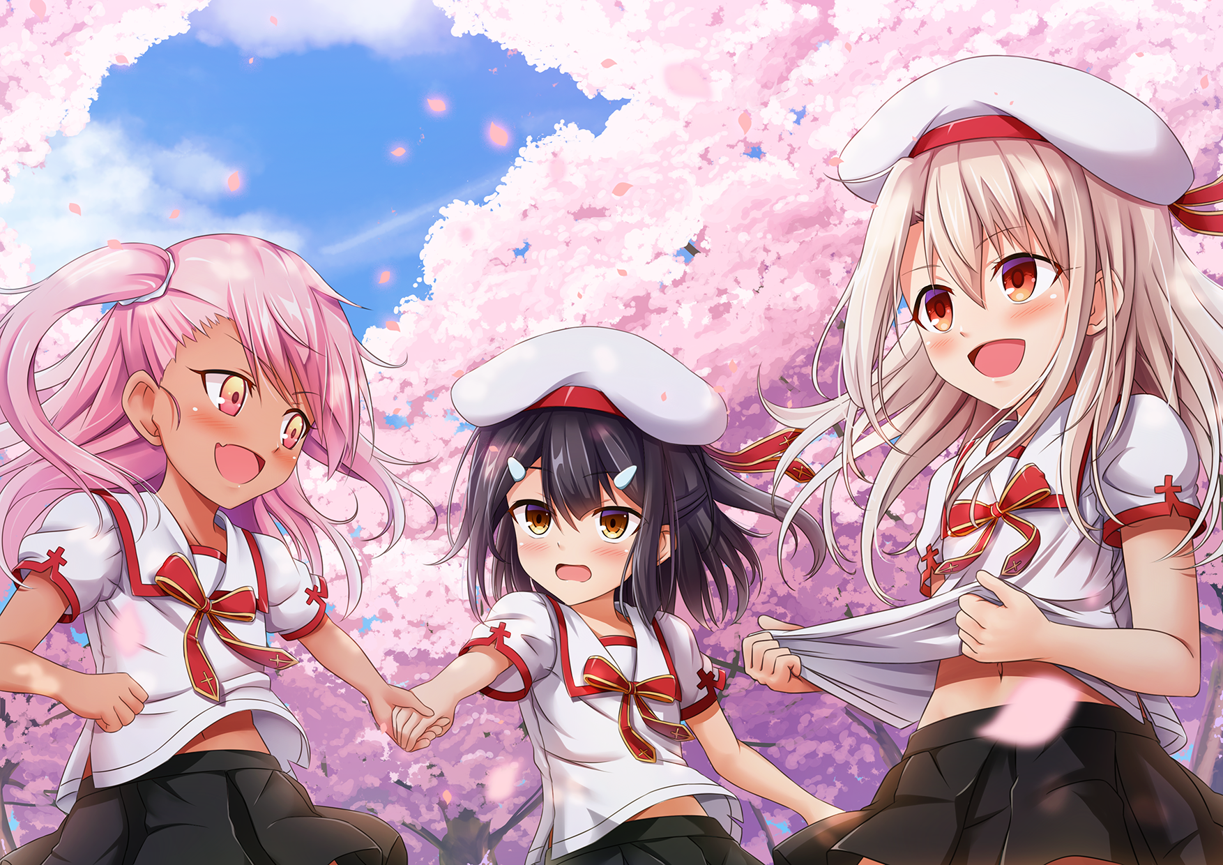 Illyasviel von Einzbern and friends under cherry blossoms HD Wallpaper