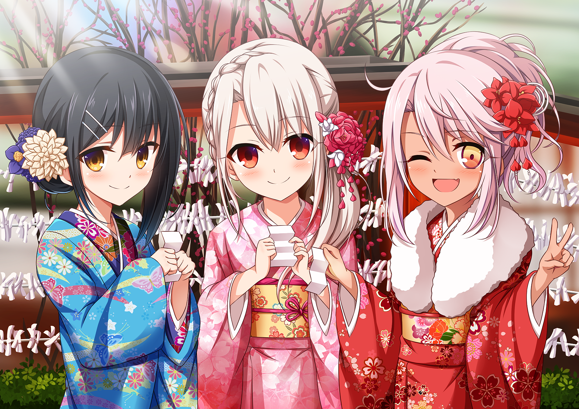 Three girls in kimonos at a shrine HD Wallpaper