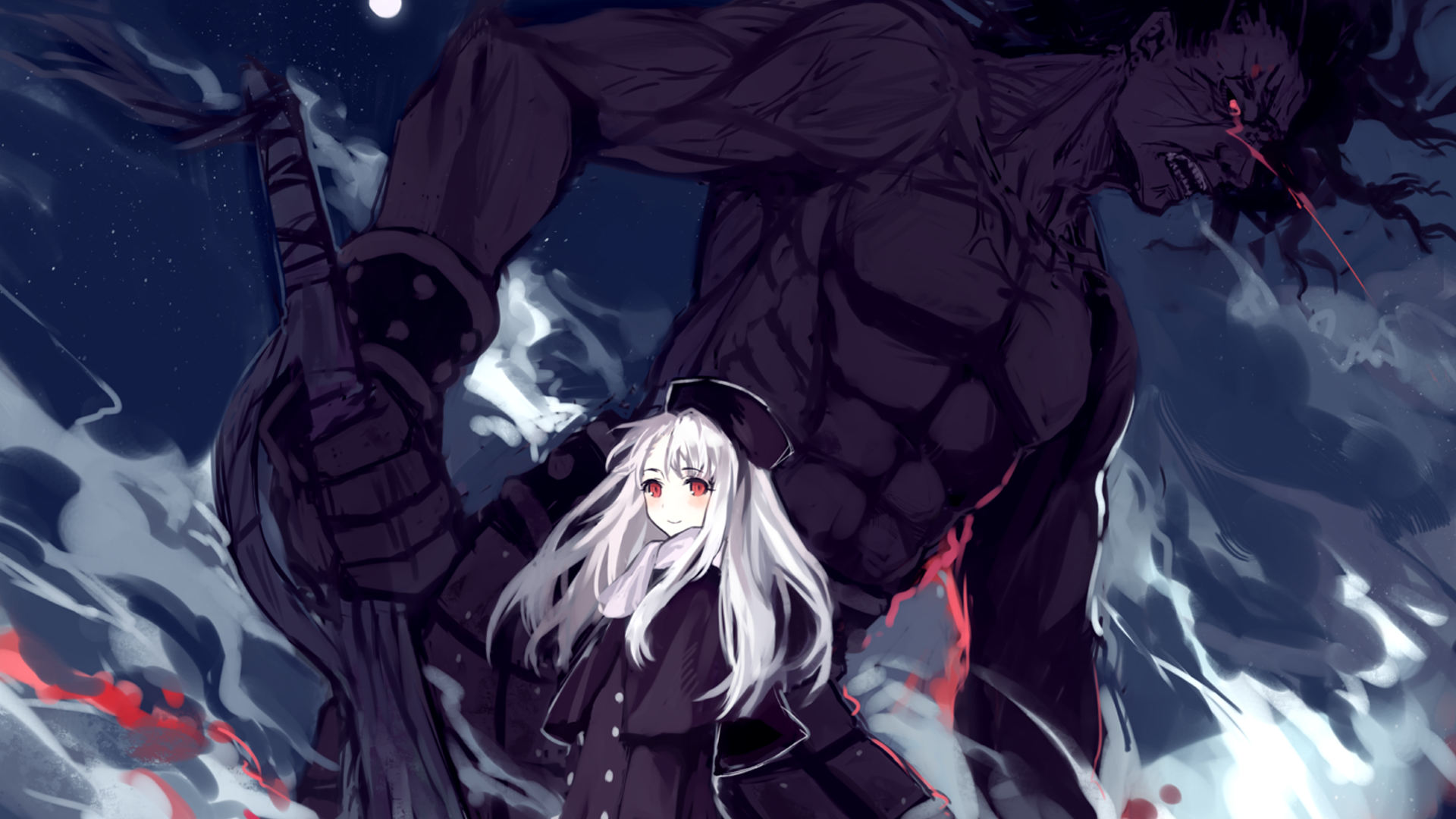 Illyasviel Von Einzbern and a giant monster HD Wallpaper