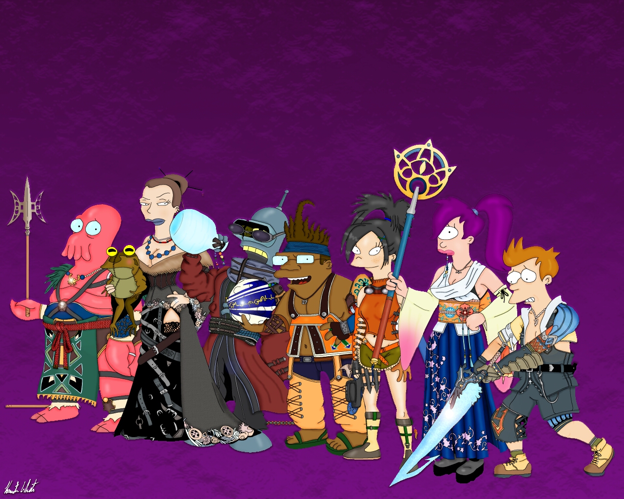 Futurama characters in Final Fantasy costumes HD Wallpaper