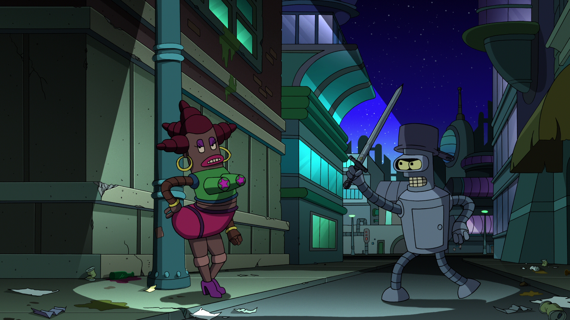 Bender and a female robot in a city at night HD Wallpaper