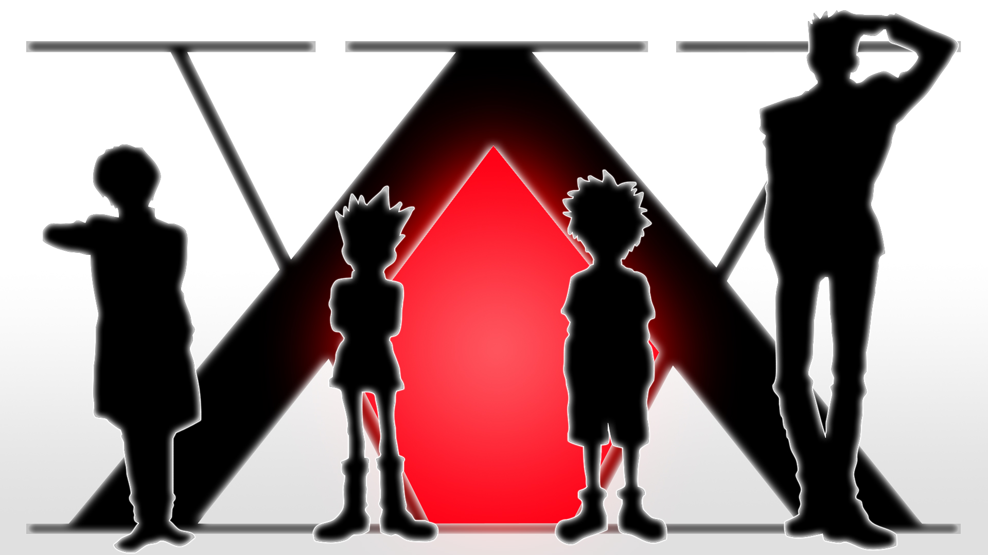 Four figures in silhouette against a stylized Hunter x Hunter logo HD Wallpaper