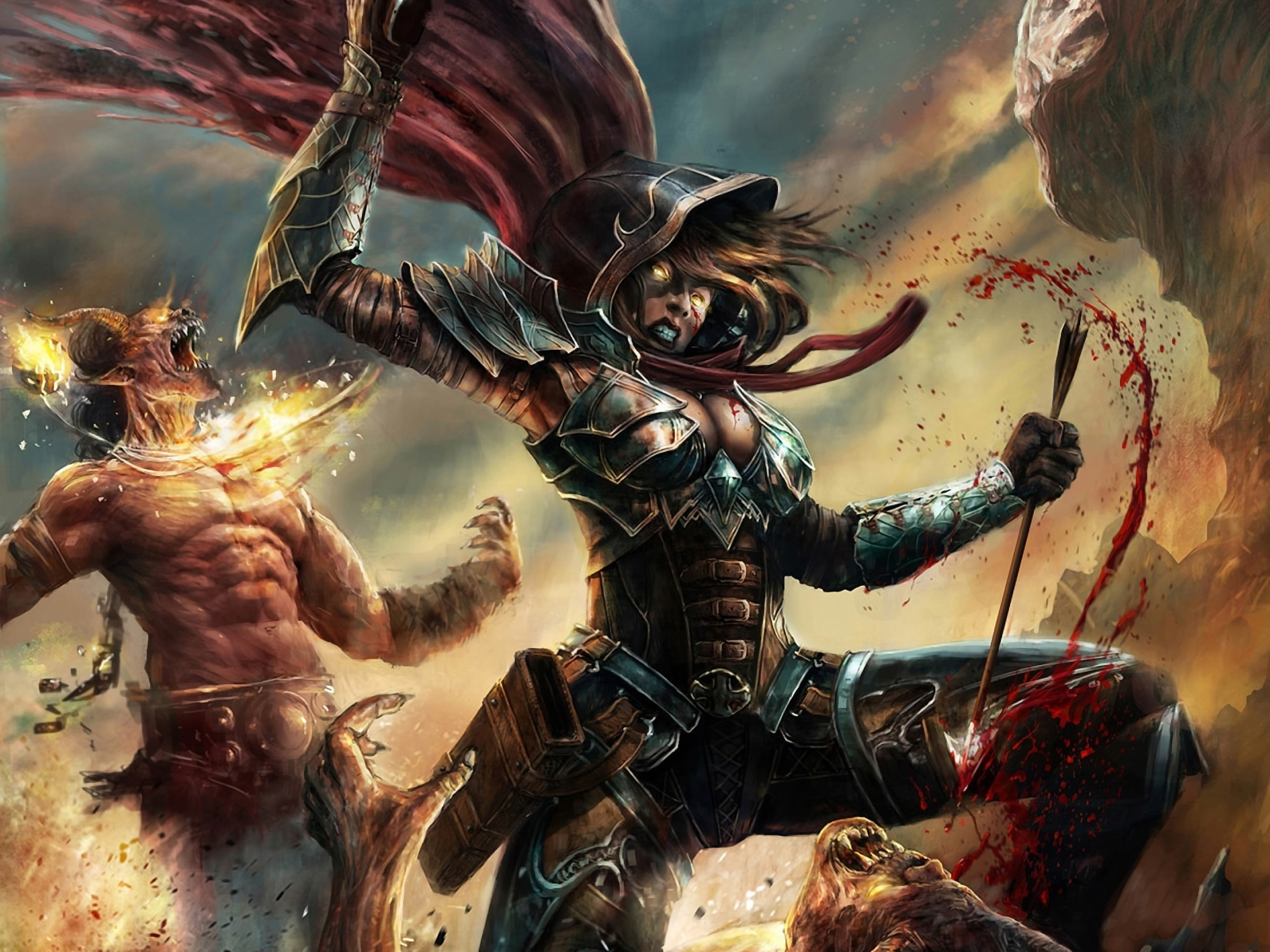 Demon Hunter from Diablo III fighting a demon HD Wallpaper