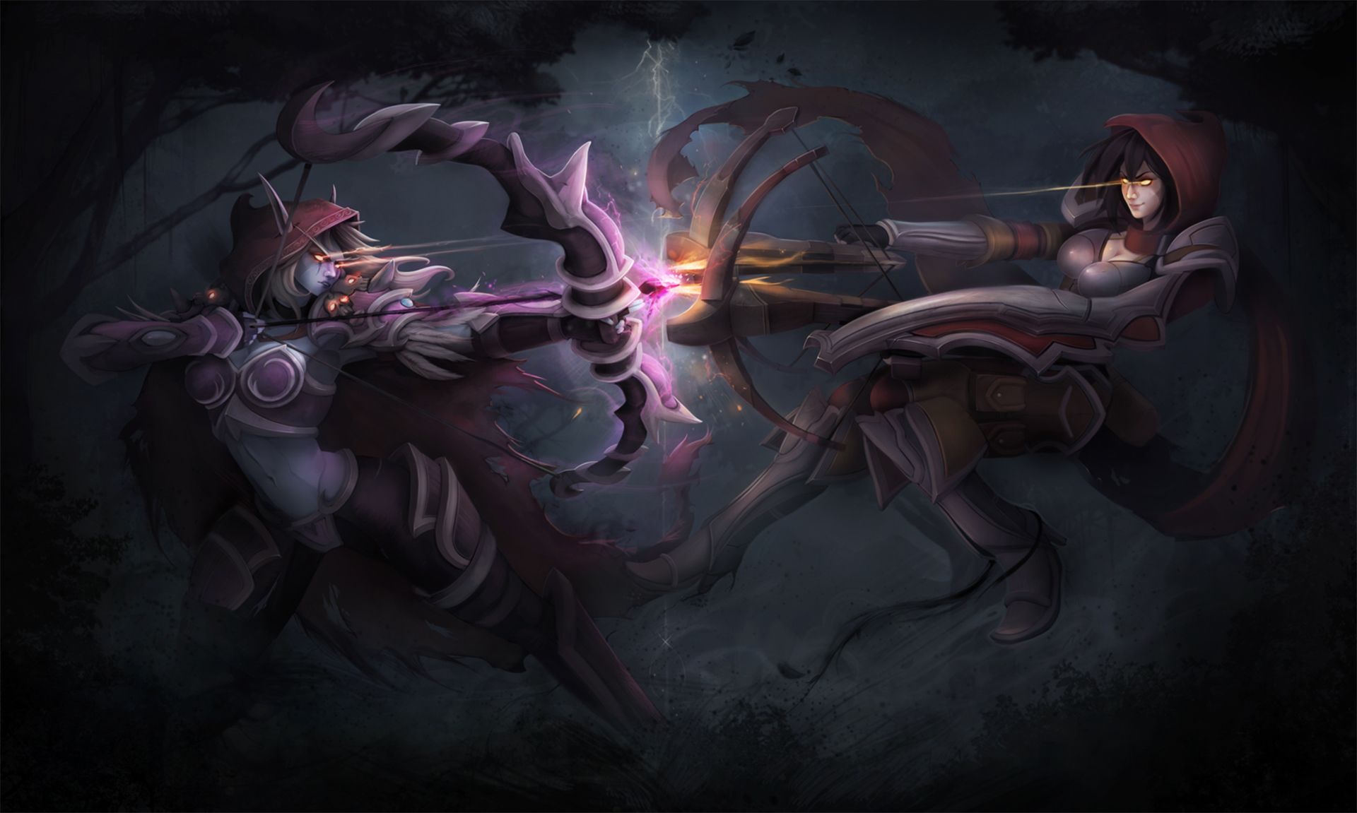 Two female archers in a dark forest HD Wallpaper