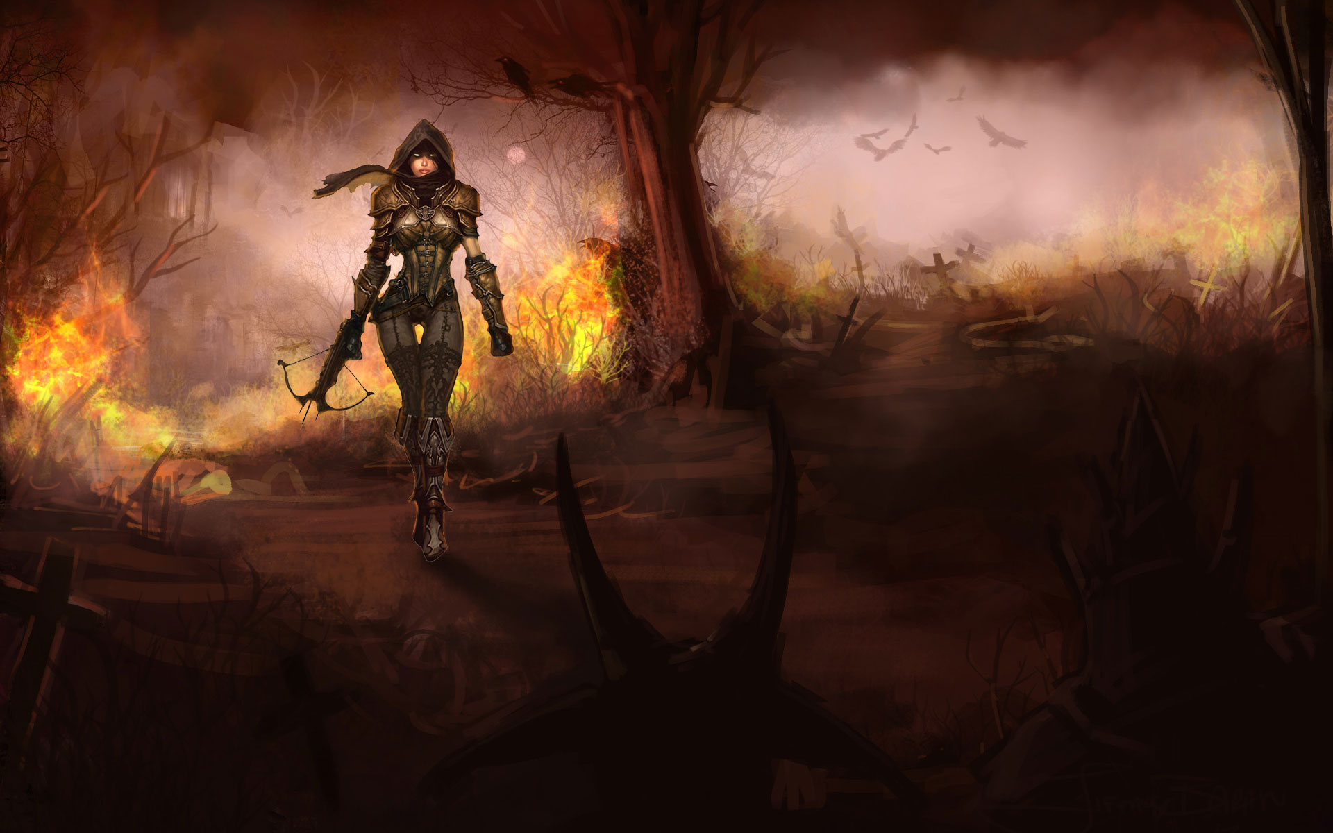 Demon Hunter from Diablo III in a fiery graveyard HD Wallpaper
