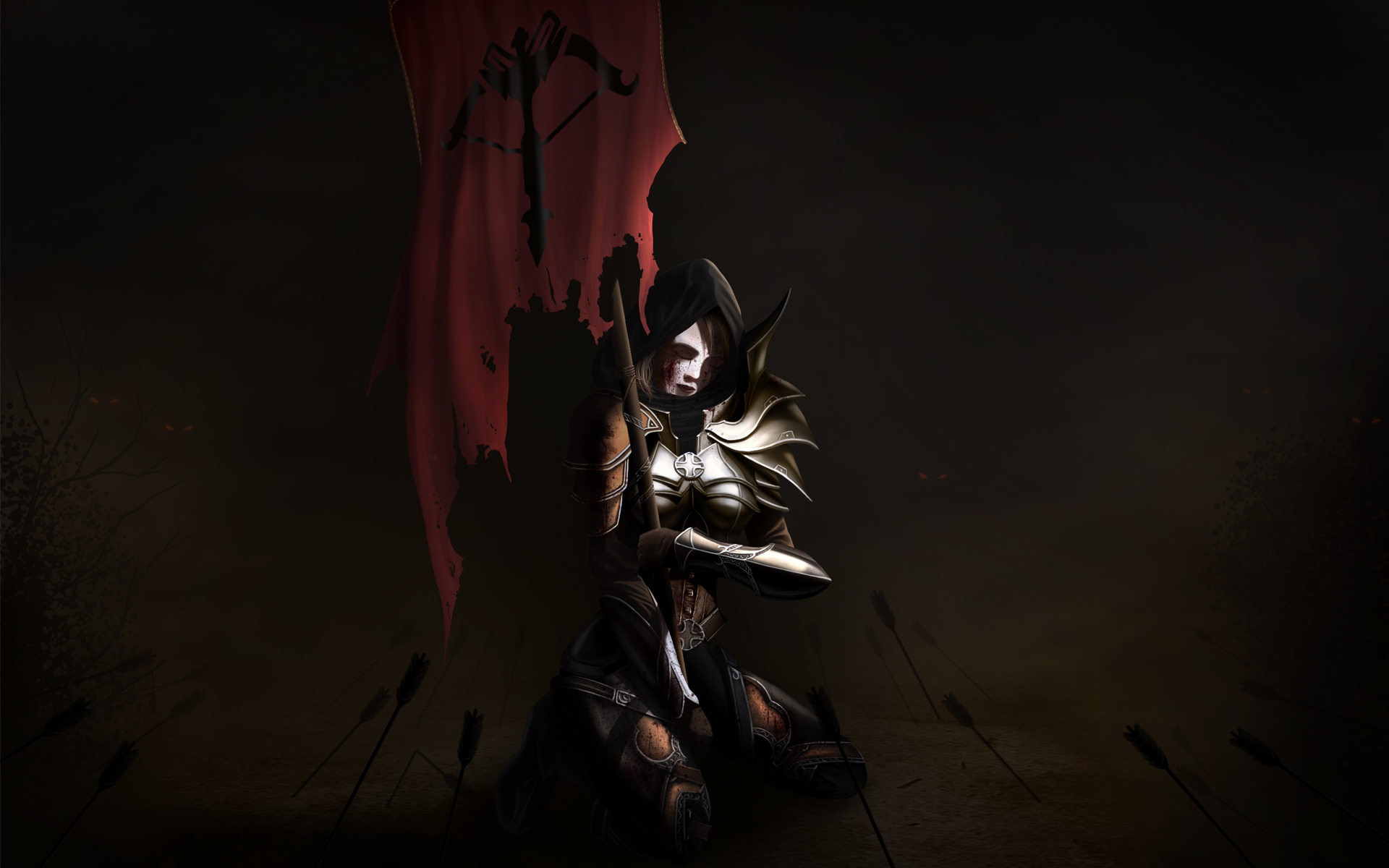 Demon Hunter from Diablo III with a torn banner HD Wallpaper
