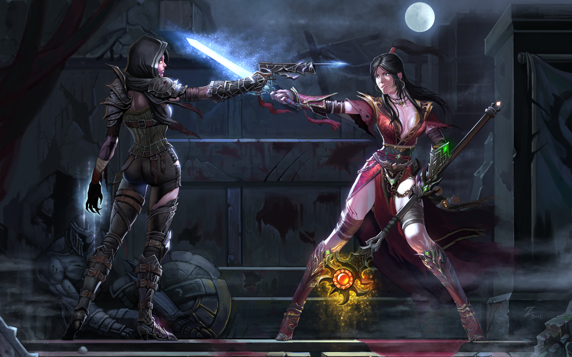 Two female warriors fighting with glowing swords and a gun HD Wallpaper