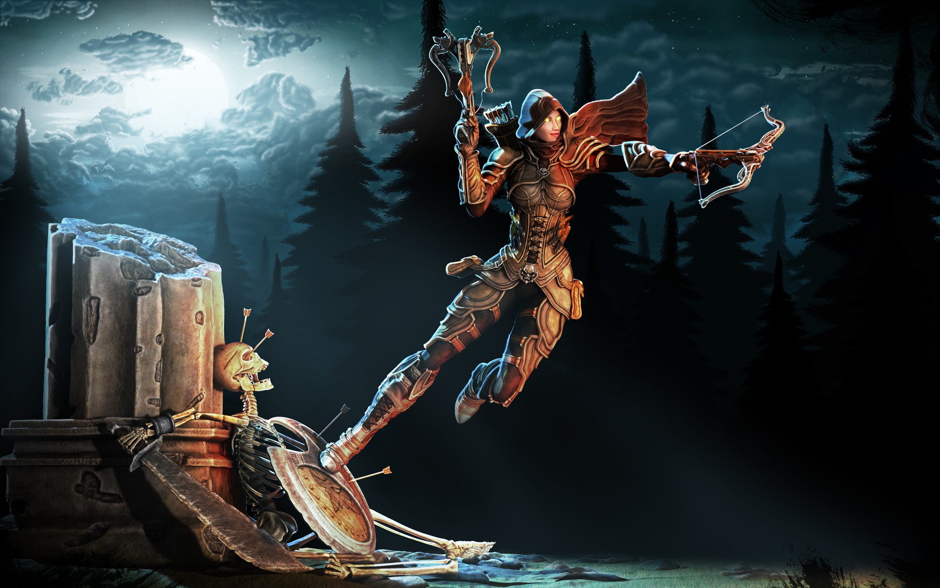 Demon Hunter from Diablo III in a forest at night HD Wallpaper