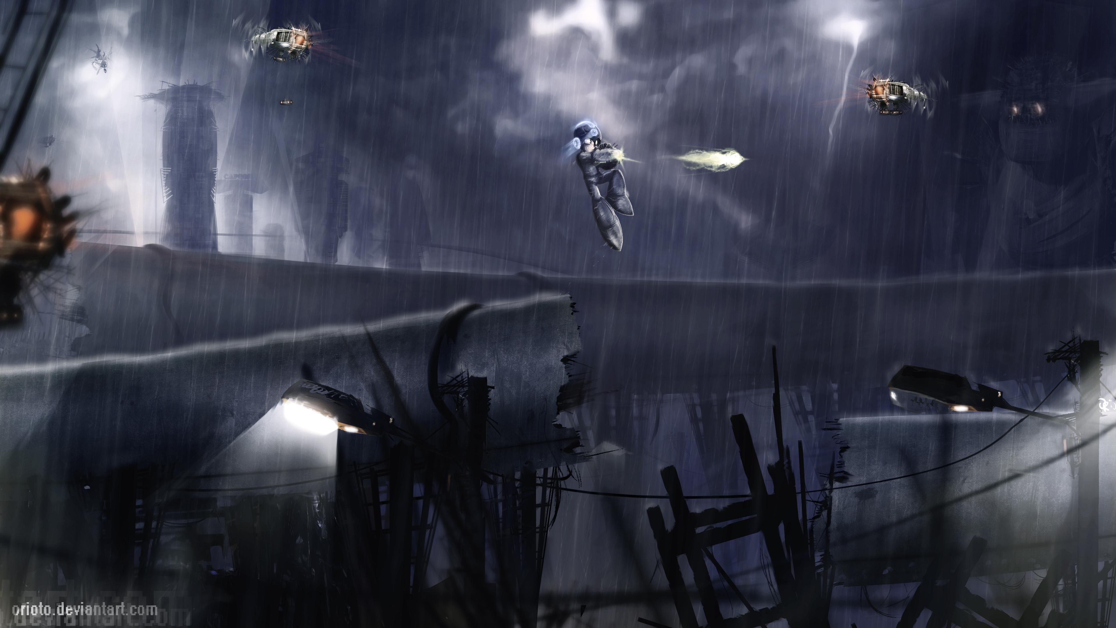 Mega Man in a rainy, futuristic city HD Wallpaper