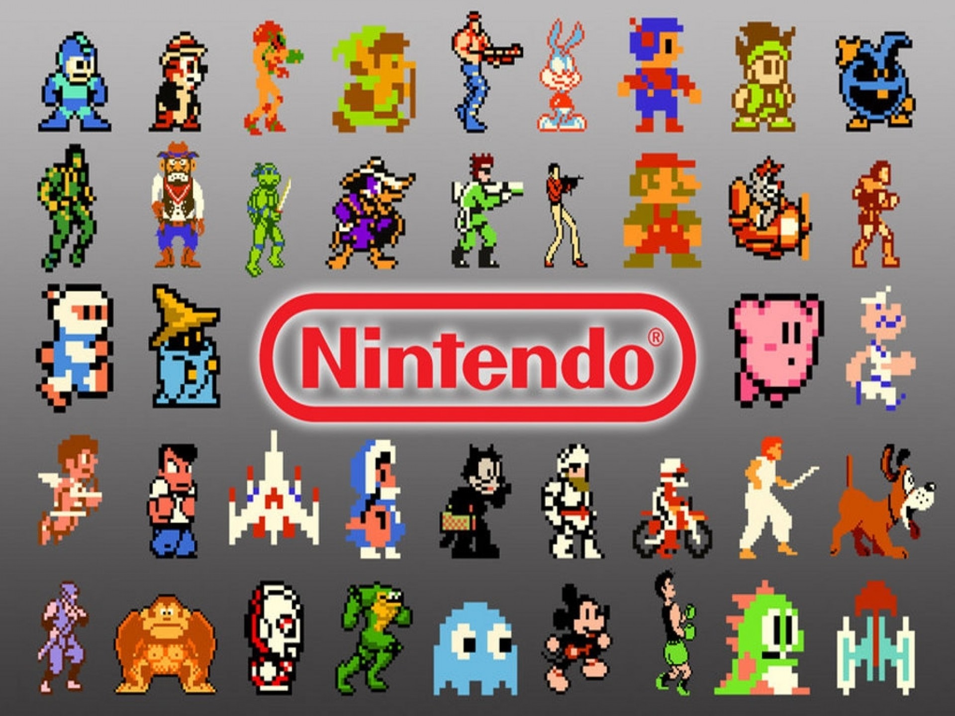 8-bit Nintendo characters including Mega Man and Mario HD Wallpaper