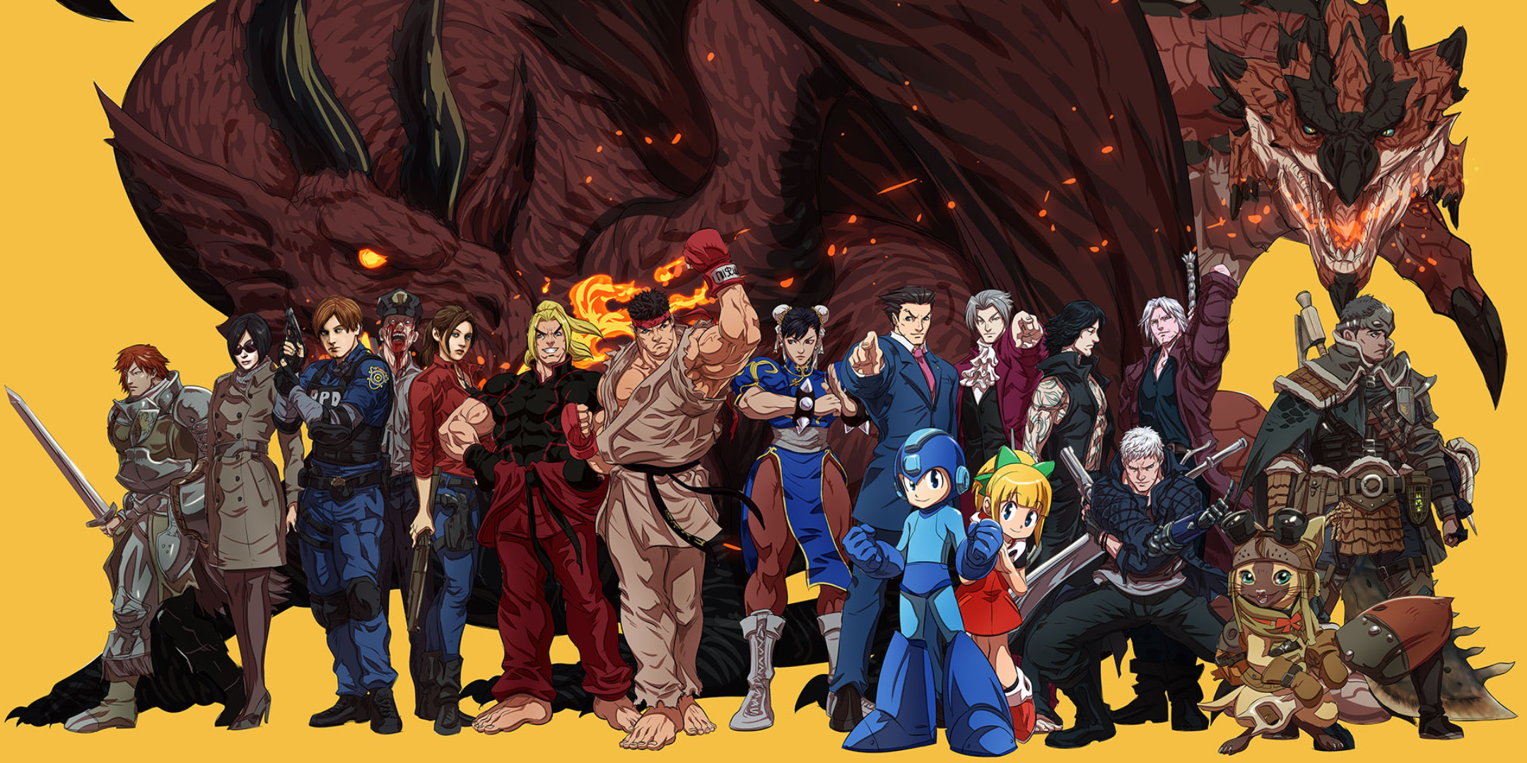 Characters from Resident Evil, Street Fighter, Ace Attorney, Mega Man, Devil May Cry, and Monster Hunter HD Wallpaper